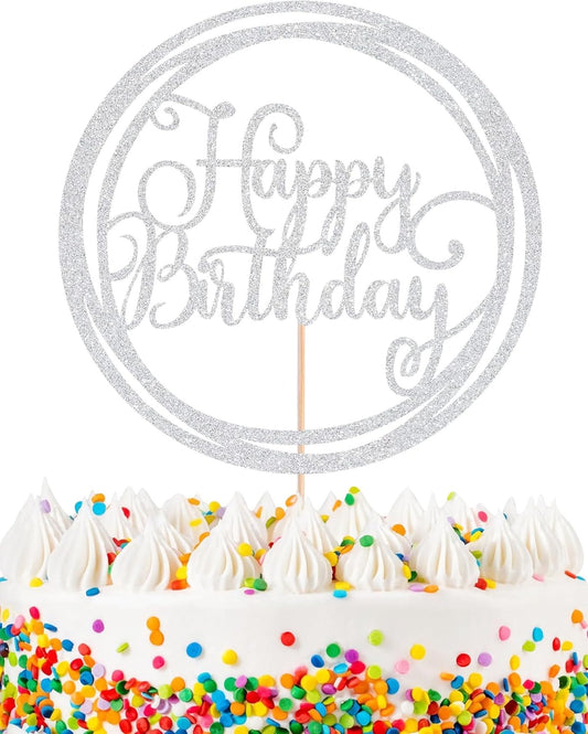 Happy Birthday Cake Topper - Silver Glitter Happy Birthday Cake Decoration Supplies for Children or Adults - Happy Birthday Cake Bunting Decor, Photo Booth Props