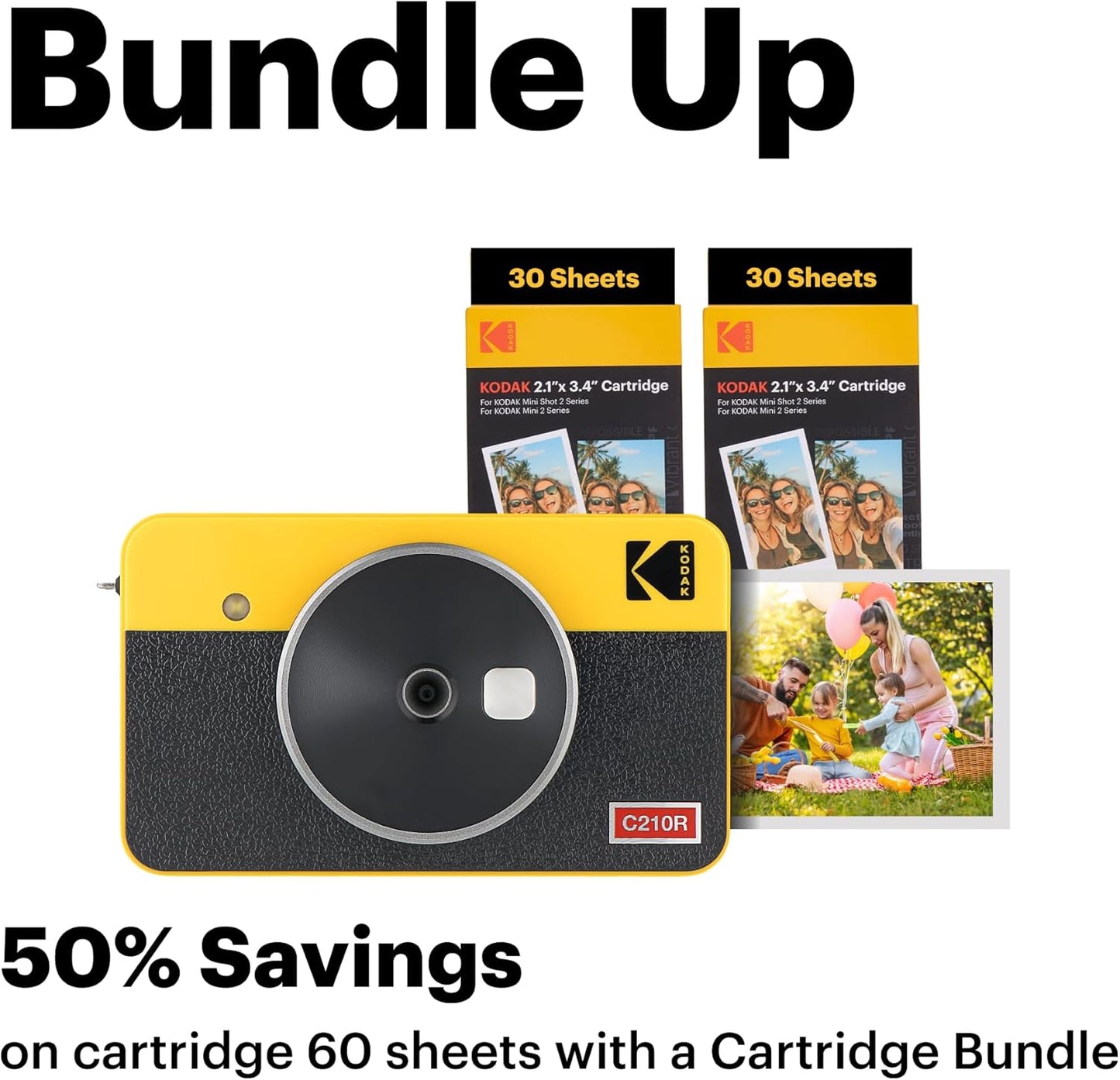 KODAK Mini Shot 2 Retro 4PASS 2-in-1 Instant Digital Camera and Photo Printer (2.1x3.4 inches) + 8 Sheets, White