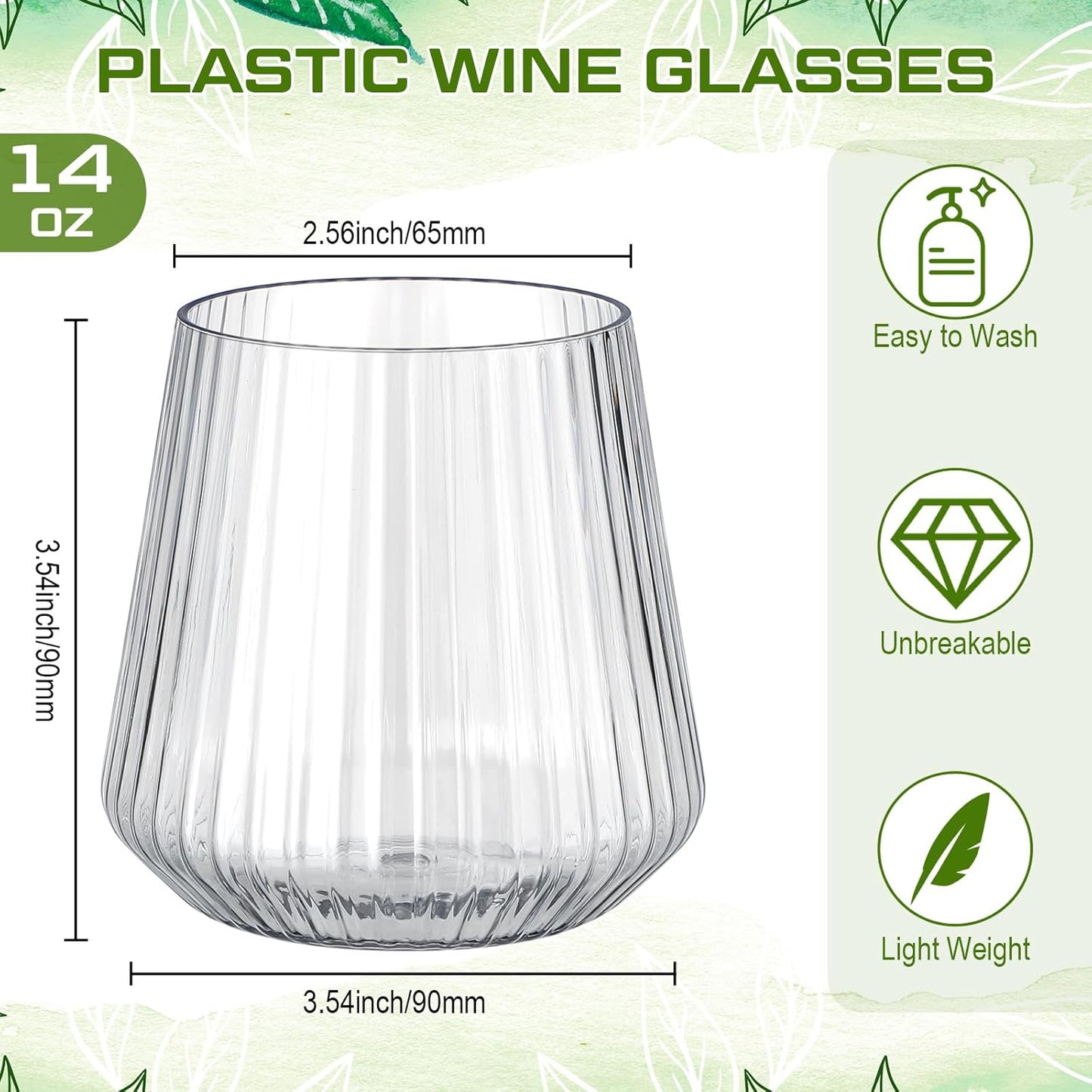 Suclain 100 Pack Plastic Wine Glasses Ribbed Stemless Wine Glasses 14oz Vertical Design Unbreakable Cups for Outdoor Indoor Vintage Elegant Champagne Whiskey Glasses for Christmas Party Wedding