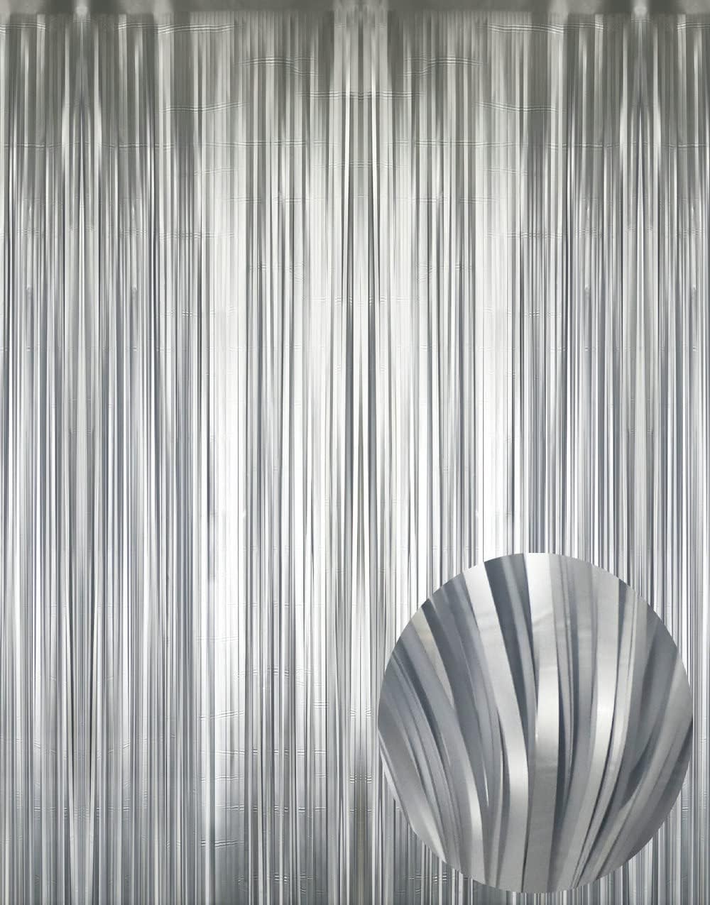 GOER 6.4 ft x 8.2 ft Metallic Tinsel Foil Fringe Curtains,Pack of 2 Party Streamer Backdrop for Birthday,Graduation Decorations and New Year Eve (Matte Silver,Thick Material)