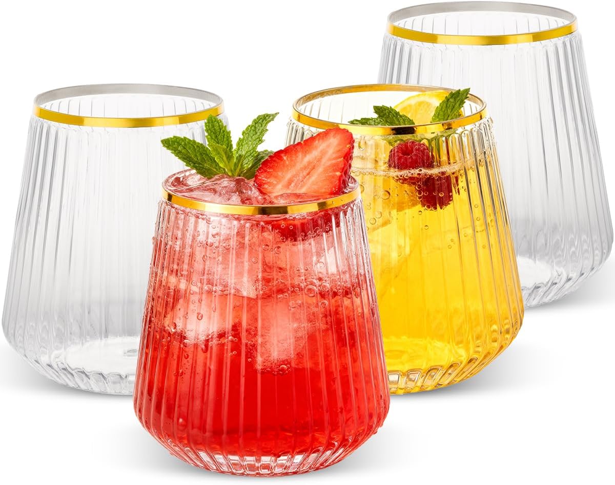 Goodluck 36 Pack 12oz Stemless Plastic Wine Glasses – Clear Ribbed Cups with Gold Rim, Fancy Reusable Disposable Drinkware for Weddings, Parties, Bars, Indoor and Outdoor Events