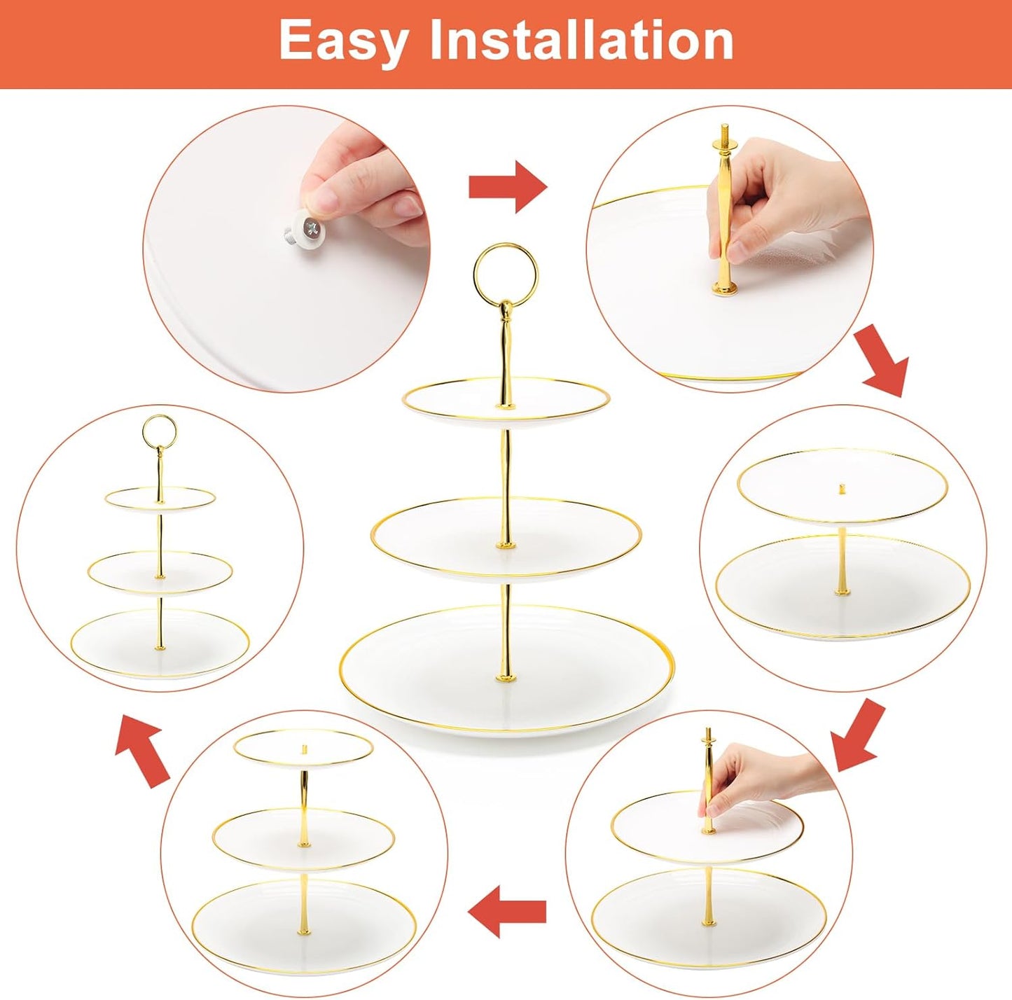 Coitak 3 Tier Cupcake Stand, Plastic Tiered Serving Stand, Dessert Tower Tray for Tea Party, Baby Shower and Wedding (Round-gold edge)