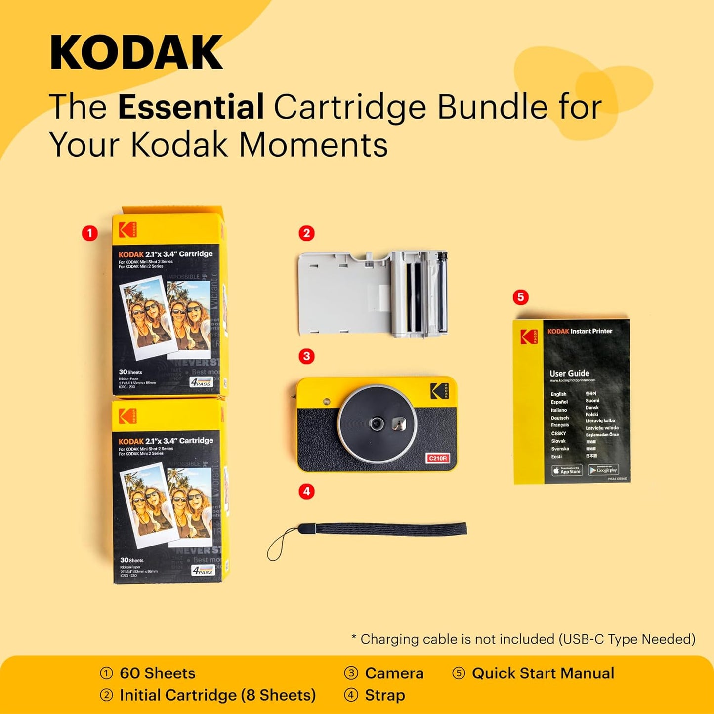 KODAK Mini Shot 2 Retro 4PASS 2-in-1 Instant Digital Camera and Photo Printer (2.1x3.4 inches) Initial 8 Sheets + 60 Sheets Bundle, White