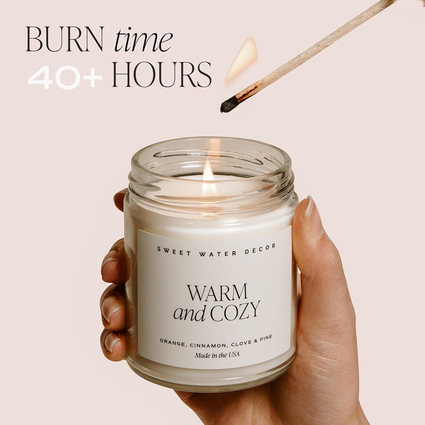 Sweet Water Decor Cozy Season Soy Candles - Fall Candles with Woods, Warm Spice, and Citrus Scent for Home Decor - Soy Candle with 40 Hours Burn Time - 9Oz Gold Lid Clear Jar Candles Fall Scents