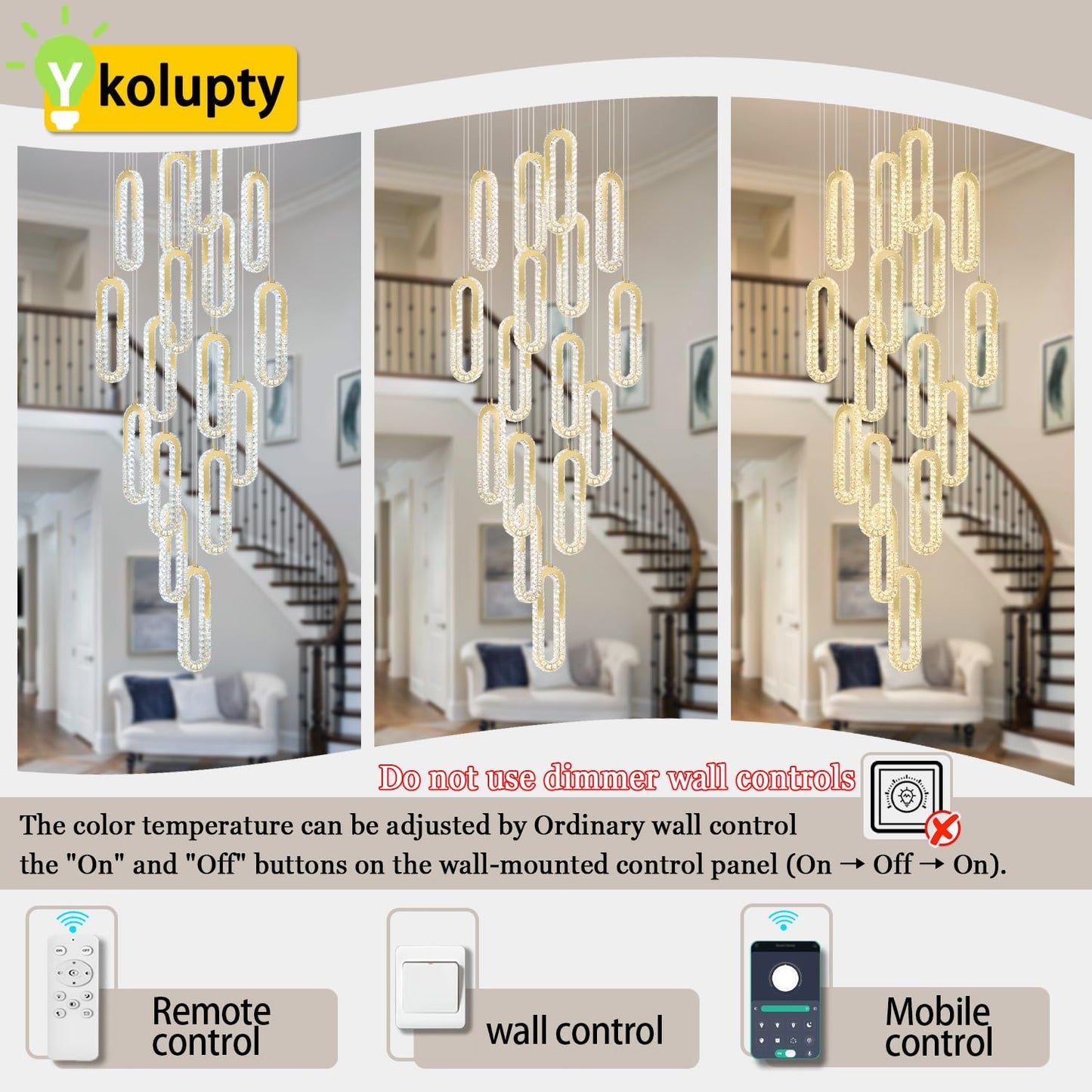H138 Large Chandelier for High Ceiling,Modern 16-Rings Crystal Chandeliers for Entryway,Gold Pendant Light for Living Room,Foyer,Entryway LED Dimmable Staircase Chandelier
