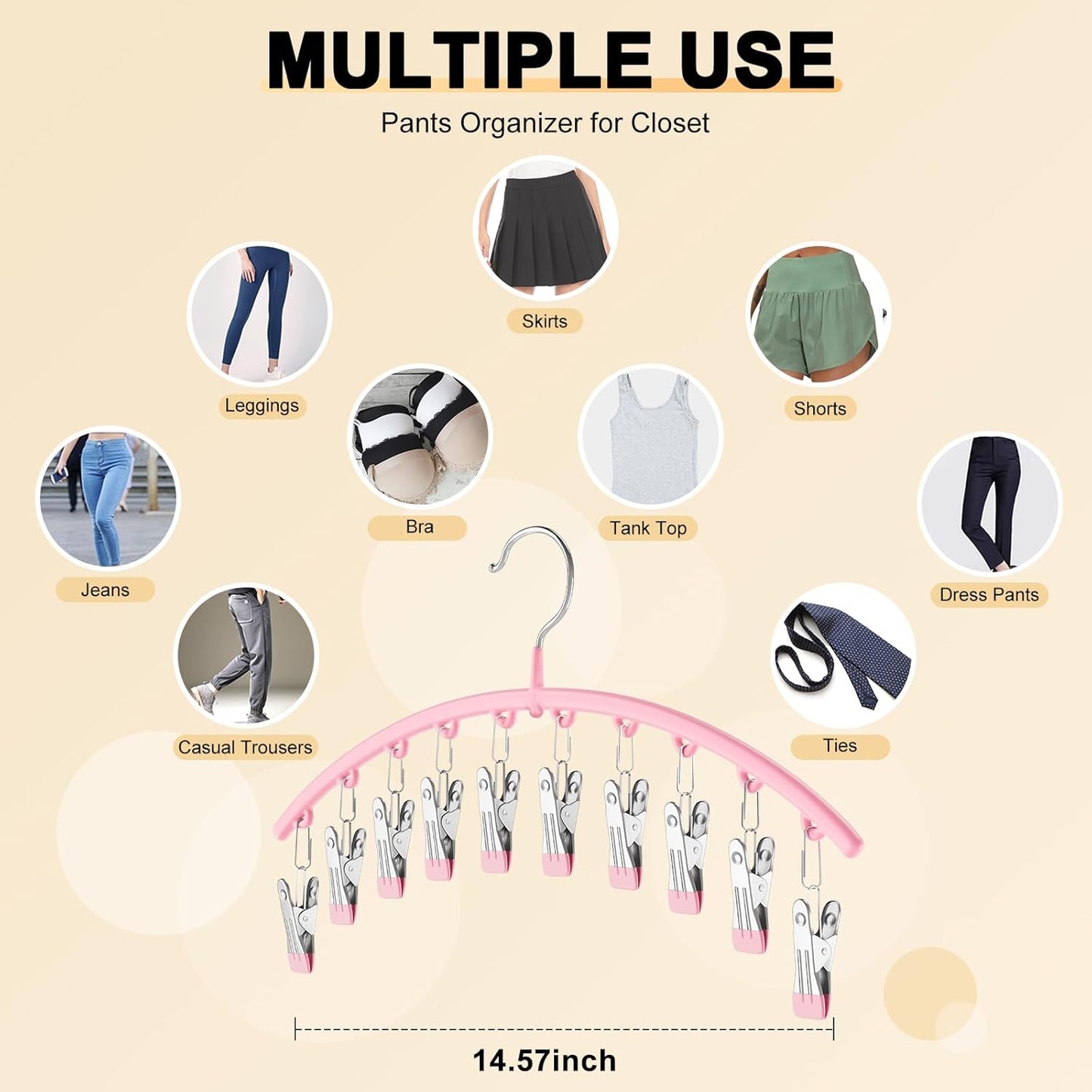 Legging Organizer for Closet, Metal Yoga Pants Hangers 2 Pack w/10 Clips Holds 20 Leggings, Space Saving Hanging Closet Organizer w/Rubber Coated Closet Organizers and Storage, Pink