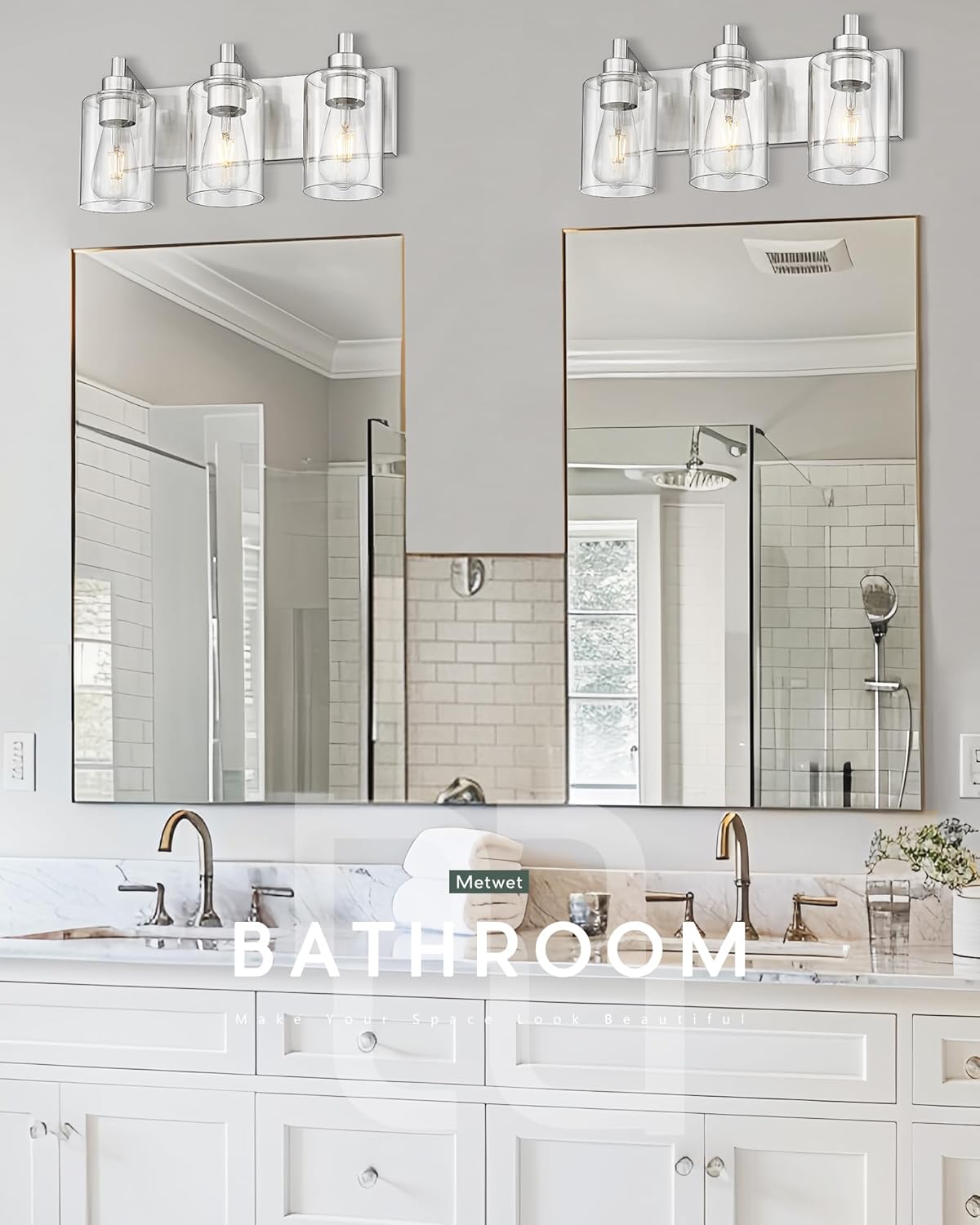 3-Light Bathroom Light Fixtures, Brushed Nickel Vanity Light with Cylinder Clear Glass Shade, Modern Vanity Lighting Fixtures Over Mirror, VL143-BN-3