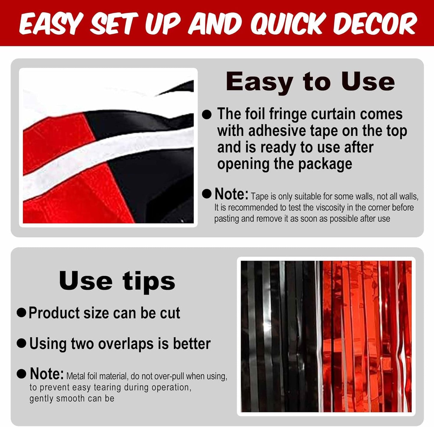 3 Pack Black and Red Foil Fringe Curtains Backdrop, 3.28 x 9.8 Ft Metallic Streamers Tinsel Curtains Background for Photo Booth, Birthday, Halloween, Christmas, New Year Party Decorations