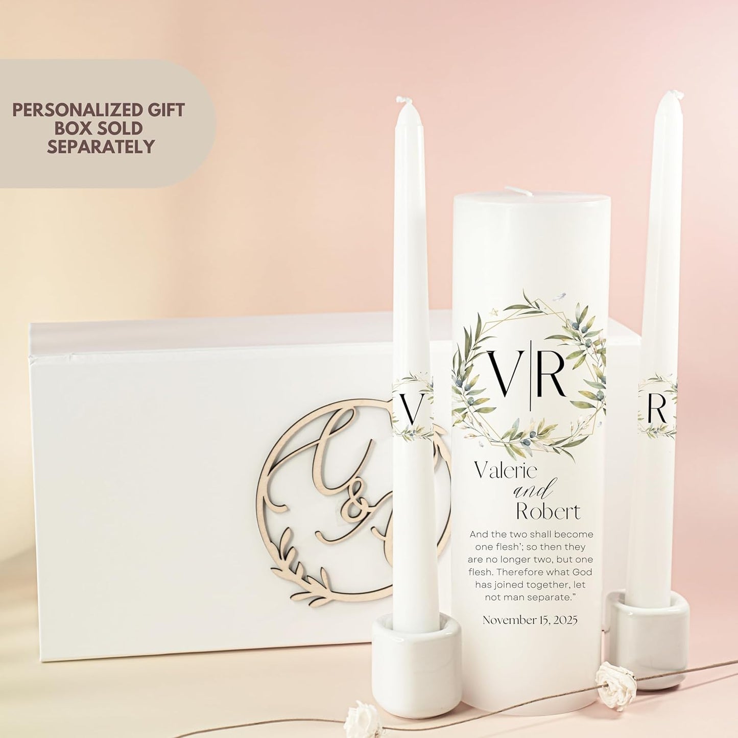 Unity Candles for Wedding, Modern Unity Set, Custom and Personalized Pillar and Taper Candles with Bible Quote, Unscented White Premium Wax, Religious and Wedding Ceremony, Special Events (Garden)