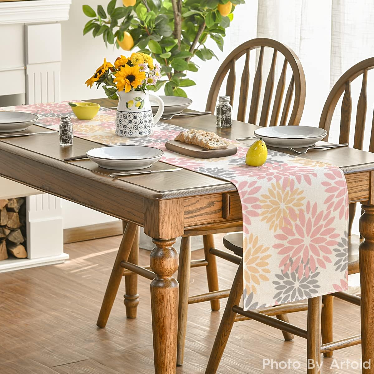 Artoid Mode Pink Dahlia Floral Pinnata Summer Table Runner, Spring Kitchen Dining Table Decoration for Home Party Decor 13x72 Inch