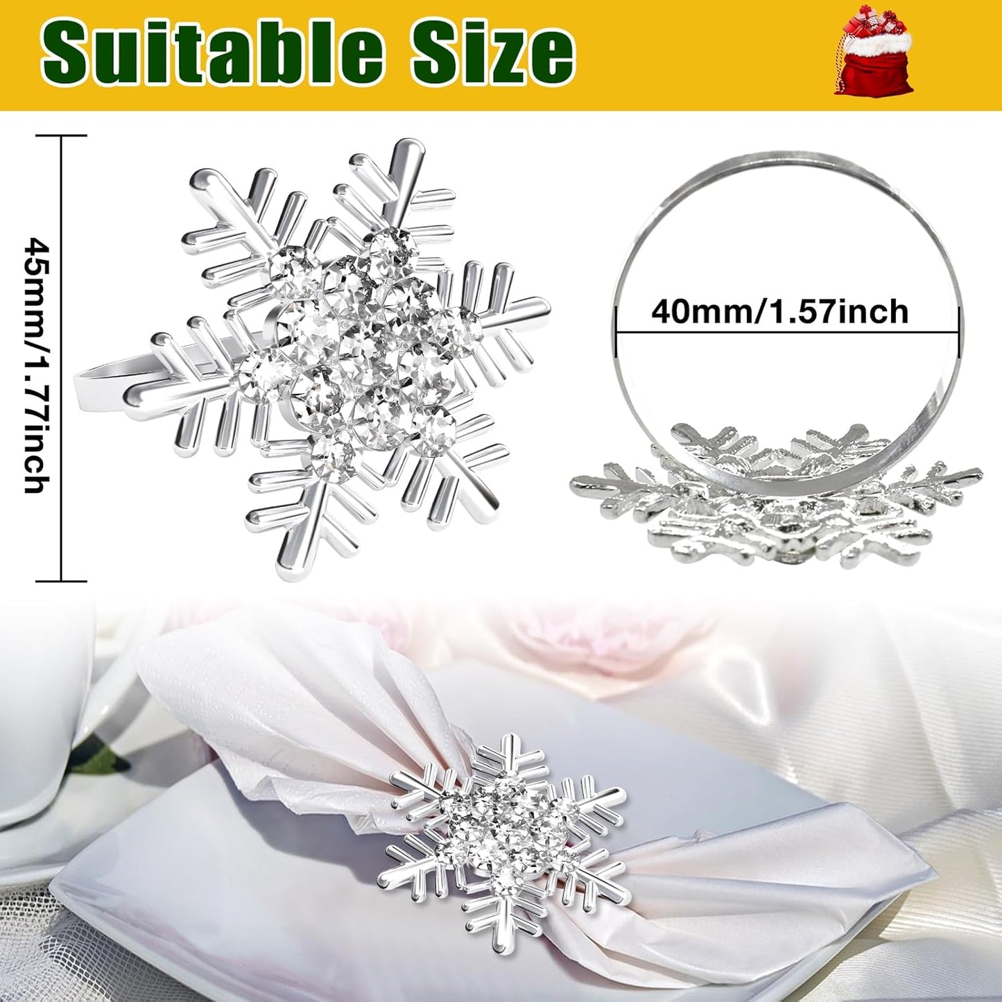 Halatool Christmas Napkin Rings Set of 12, Silver Snowflake with White Rhinestone Napkin Holder for Christmas Thanksgiving Winter Holiday Place Setting, Weddings, Party Table Decoration