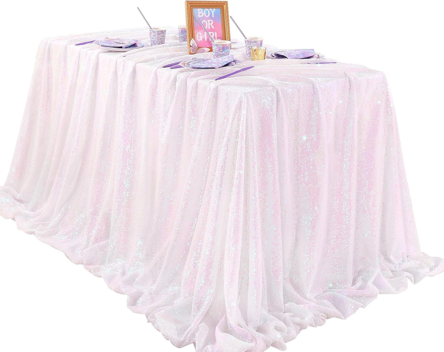 QueenDream Iridescent White Sequin Tablecloth 60 x102 Inch Mermaid Rectangle Tablecloth Overlay for Wedding Birthday Parties Decorations