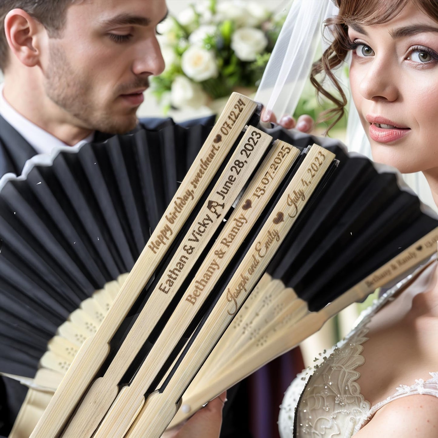 30Pcs Personalized Silk Fans Folding Hand Fan, Custom Wedding Bridal Party Favors, Summer Wedding Bride, Wedding Gift, Thank You Gift (Black)