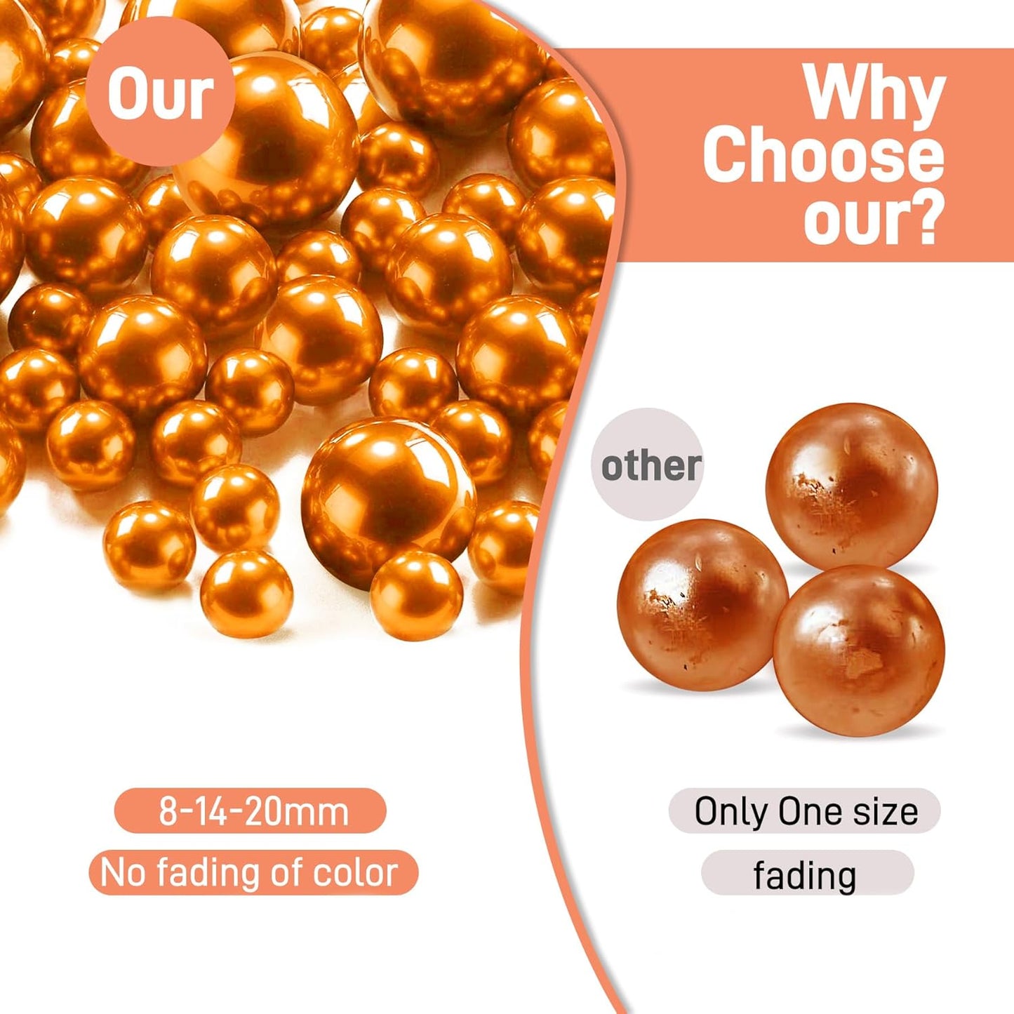 180PCS Orange Beads for Centerpieces Vases, No Hole Polished Pearl Makeup Beads Mixed 8/14/20mm Sizes, Pearl Vase Fillers Table Scatters for Party Wedding Decor