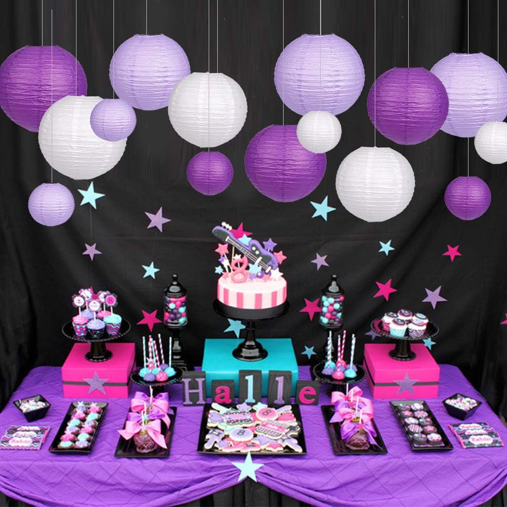 Paper Lanterns Decorative, Round Hanging Paper Lanterns Decorations for Bachelorette Engagement Birthday Party Decorations Purple/Lavender/White 15pcs