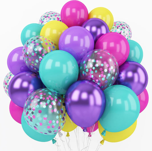 Togvu Pink Blue Purple Balloon, 60 Pcs 12 Inches Hot Pink Metallic Purple Teal Yellow Balloons Confetti Balloons for Kids Magic Theme Birthday Decoration Baby Shower Engagement Party Supplies