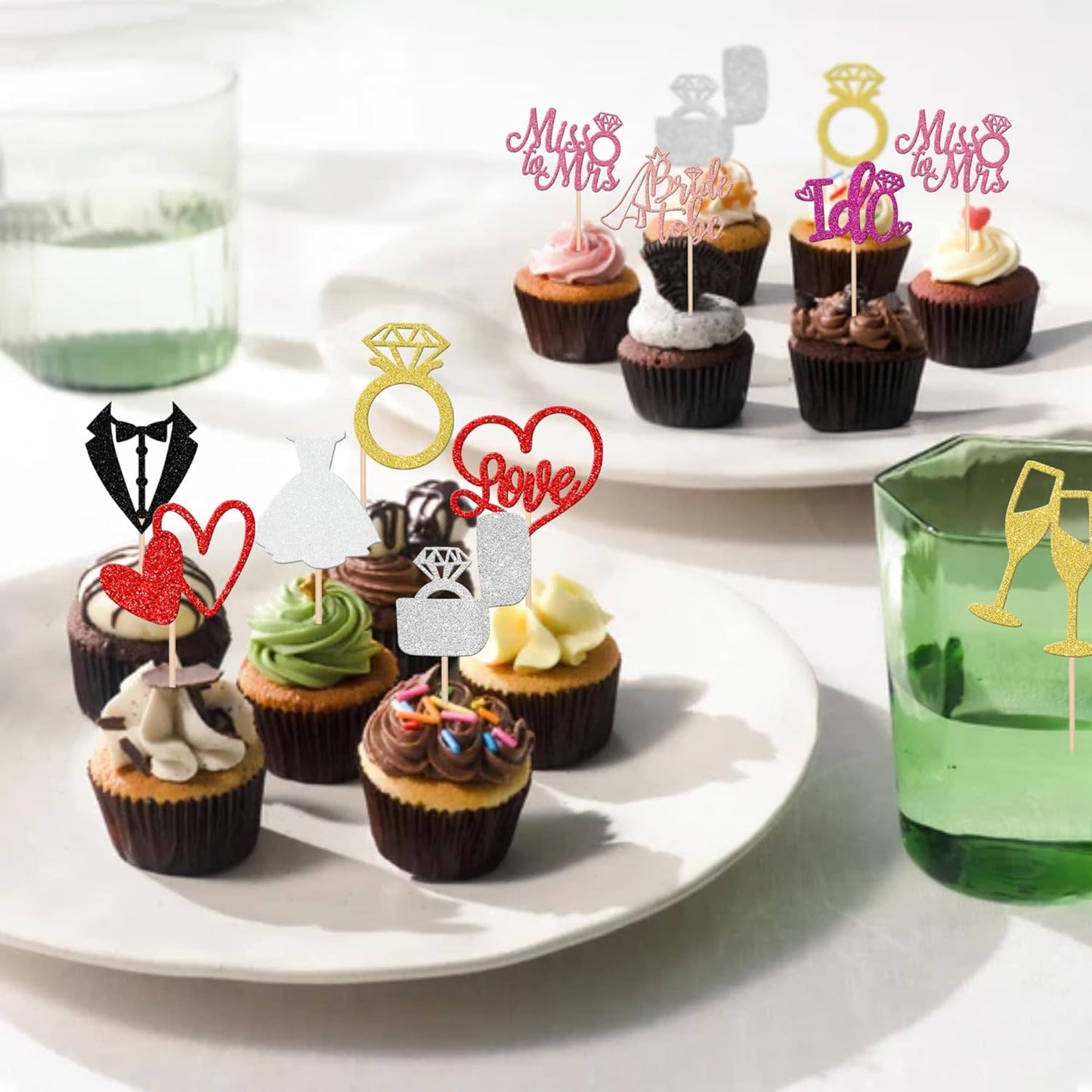 30 PCS He Asked She Said Yes Cupcake Toppers Glitter Engagement Cupcake Toppers Miss to Mrs I Do Love Heart Ring Miss to Mrs Cupcake Picks for Wedding Engagement Party Cake Decorations Supplies Multi