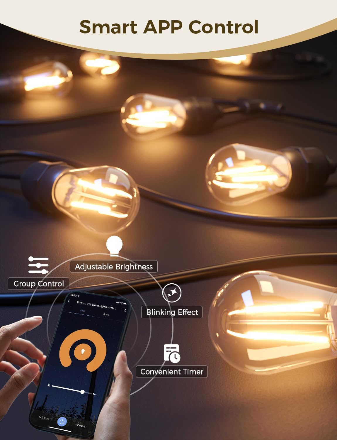 XMCOSY+ Smart Patio Lights 49Ft LED Outdoor String Lights Waterproof IP65, App Control, Compatible with Alexa, Dimmable Edison Bulbs Outdoor Light for Yard Porch Bistro Outside