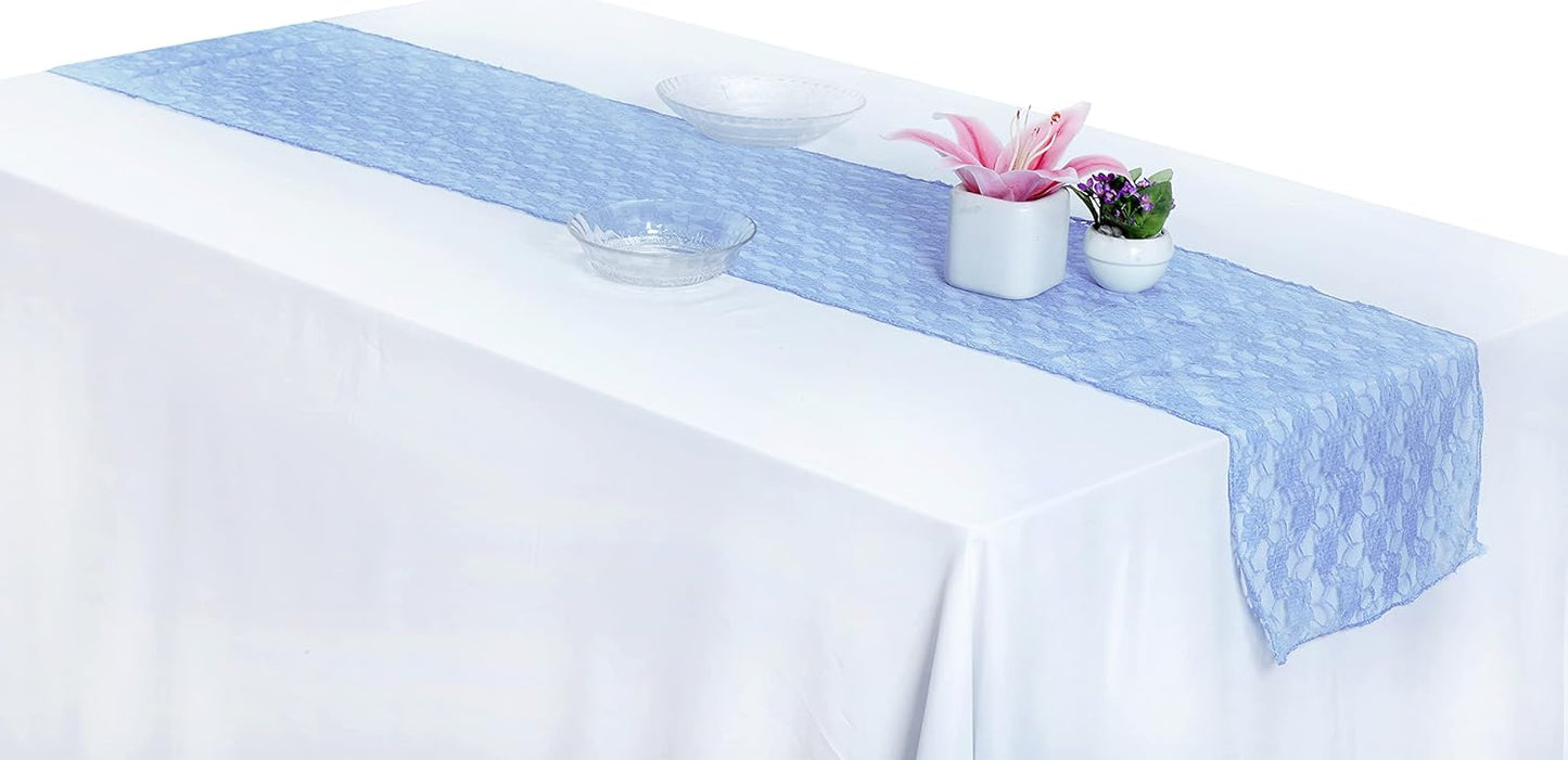 MDS Pack of 25 Wedding 12 x 108 inches Lace Table Runner for Wedding, Decorations for Birthday Parties, Banquets, Graduations, Engagements, and Runners fit Rectangle, Round Table- Baby Blue