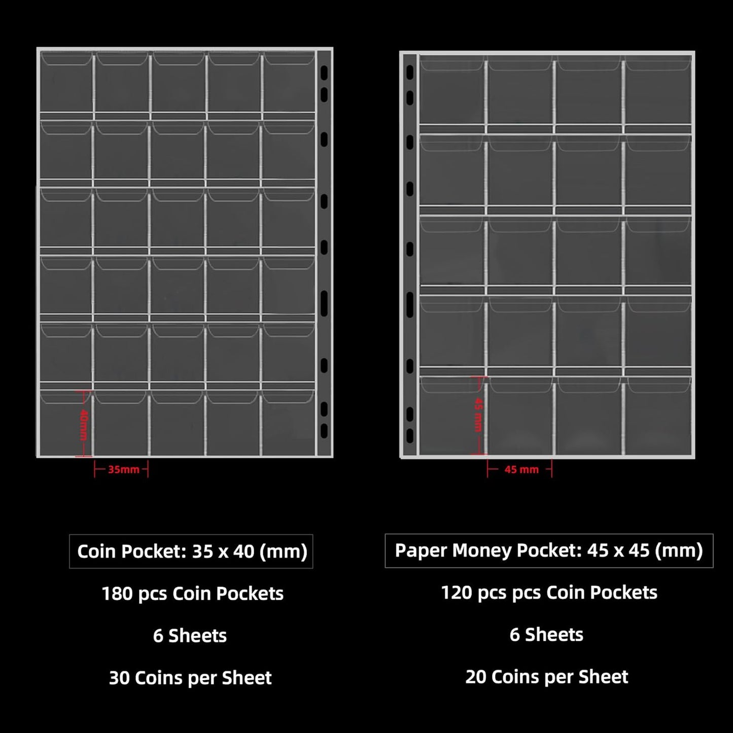 Coin Collection Book Holder for Collectors, 300 Pockets Fireproof Coins Collecting Album & 36 Sleeves Money Storage Case for Coin Currency Collection Supplies, Bill, Pennies, Quarters, Stamp,Blue