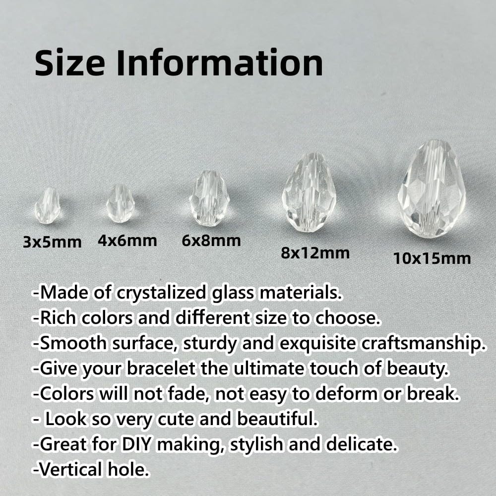 130pcs 6x8mm Teardrop Crystal Glass Beads for Jewelry Making, Faceted Vertical Hole Teardrop Glass Spacer Beads for Wind Chimes Bracelet Earring Necklace DIY Craft(Transparent)