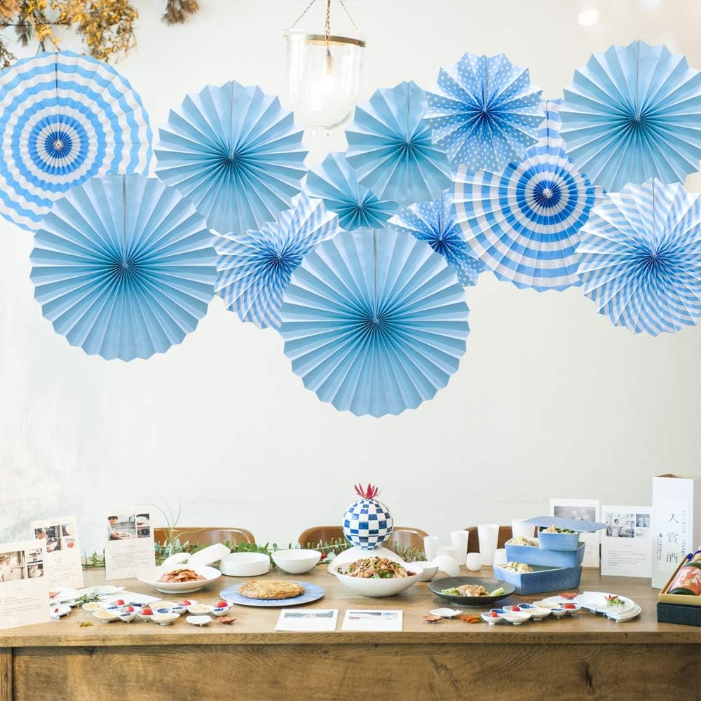 Hanging Paper Fans Party Set, Round Pattern Paper Garlands Decoration for Birthday Baby Boy Shower Graduation Bachelorette, Set of 6 (Blue)