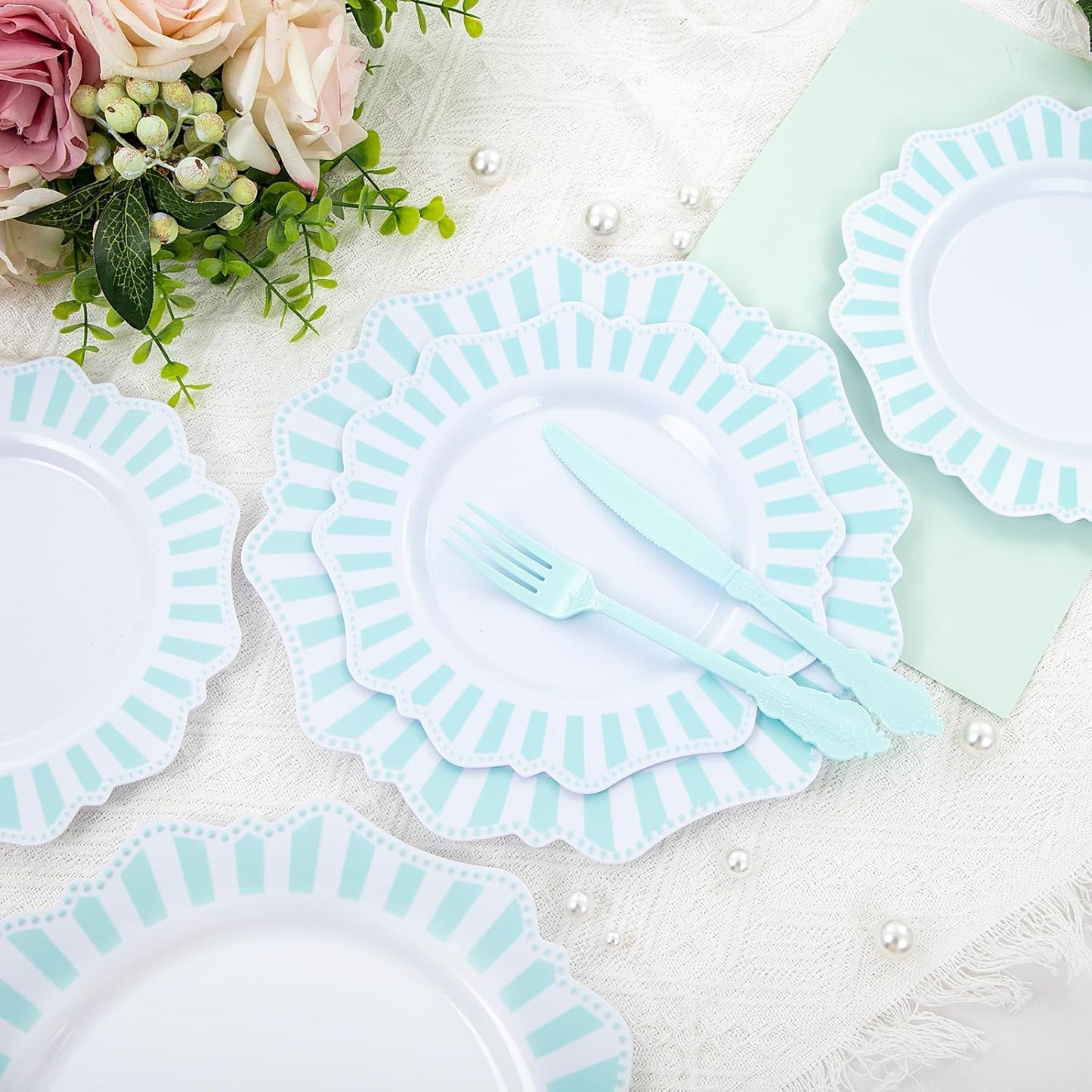 COLOSUS 150pcs Disposable Blue and White Striped Easter Plastic Party Plates and Silverware set, Light Blue Dinner/Dessert Plates silverware serve 30guests for Birthday Wedding Party and Daily use.