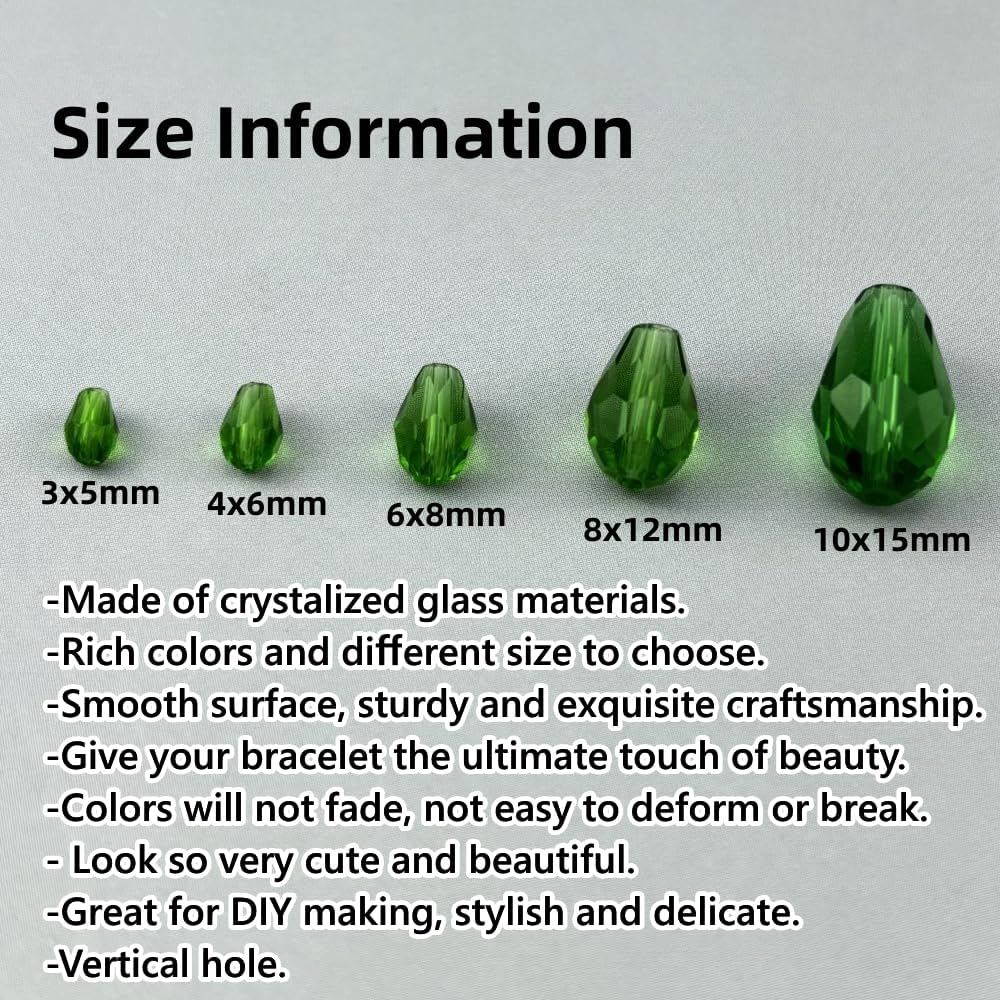 50pcs 10x15mm Teardrop Crystal Glass Beads for Jewelry Making, Faceted Vertical Hole Teardrop Glass Spacer Beads for Wind Chimes Bracelet Earring Necklace DIY Craft(Grass Green)
