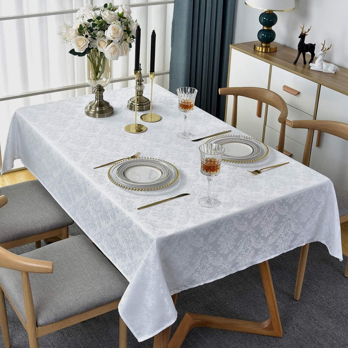 SASTYBALE Square Tablecloth - 52 Inch White Damask Table Cloth Jacquard Design Spill Proof Wrinkle Resistant Waterproof Soft Polyester Table Cover for Kitchen Parties Tabletop