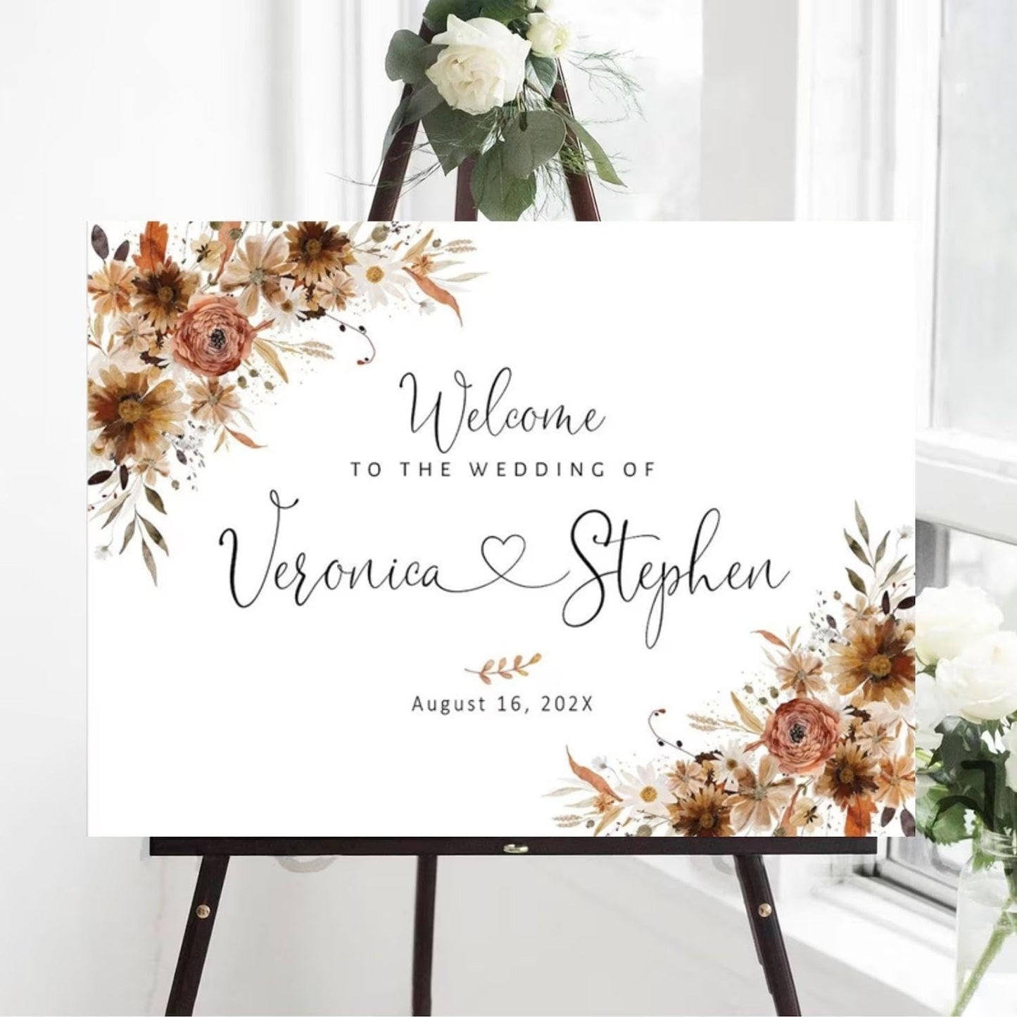 Welcome Wedding Signs, Fall Floral Burnt Orange Wedding Sign Decorations Signage 12" X 18" (Small), 27" (Medium), 36" (Large), Plastic, Modern, Pole Mount, Weather
