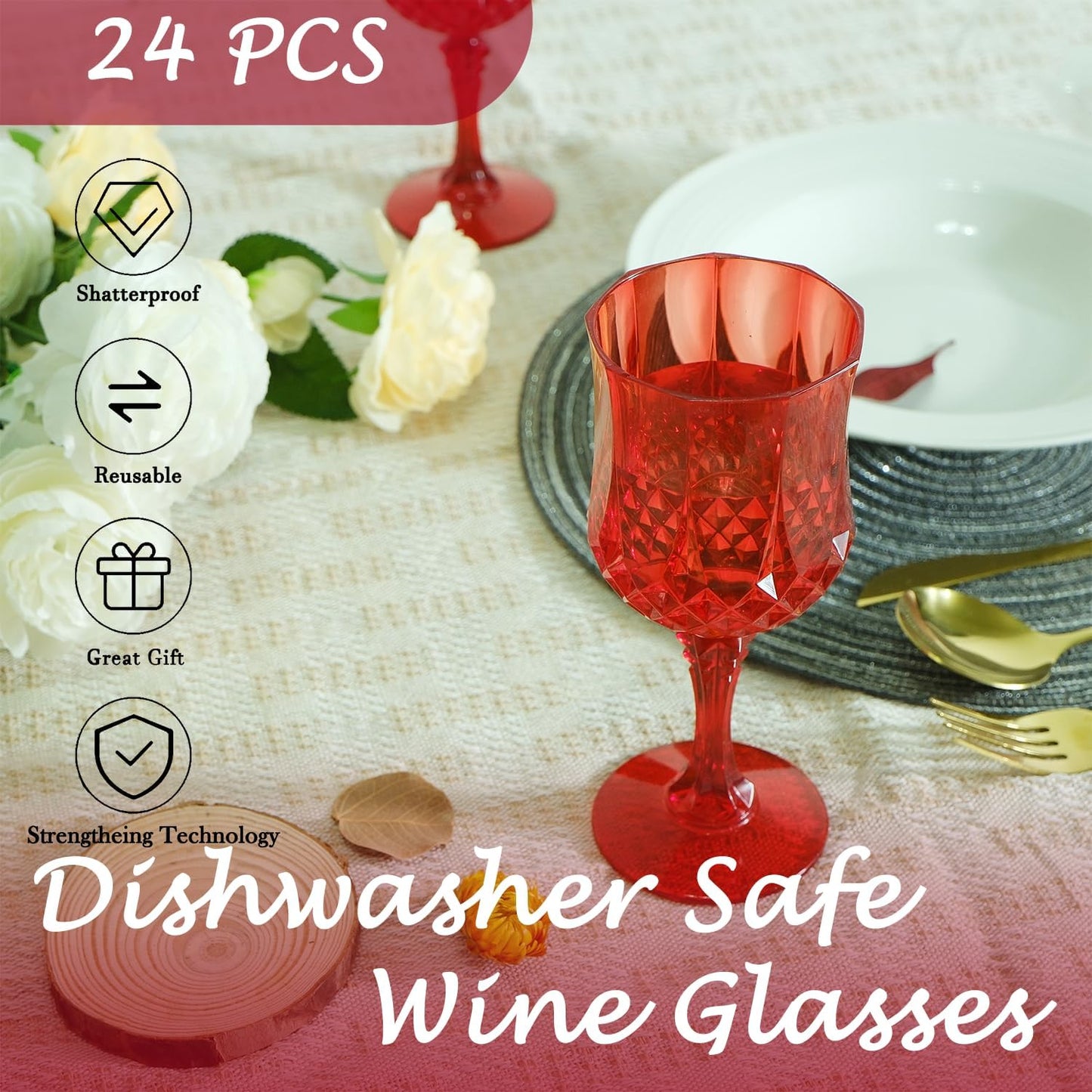 Plastic Wine Glasses，Plastic Goblets Vintage Style Cordial Drinking Glasses for Wedding Reception, Christmas Grand Event Party Supplies (24, Red)