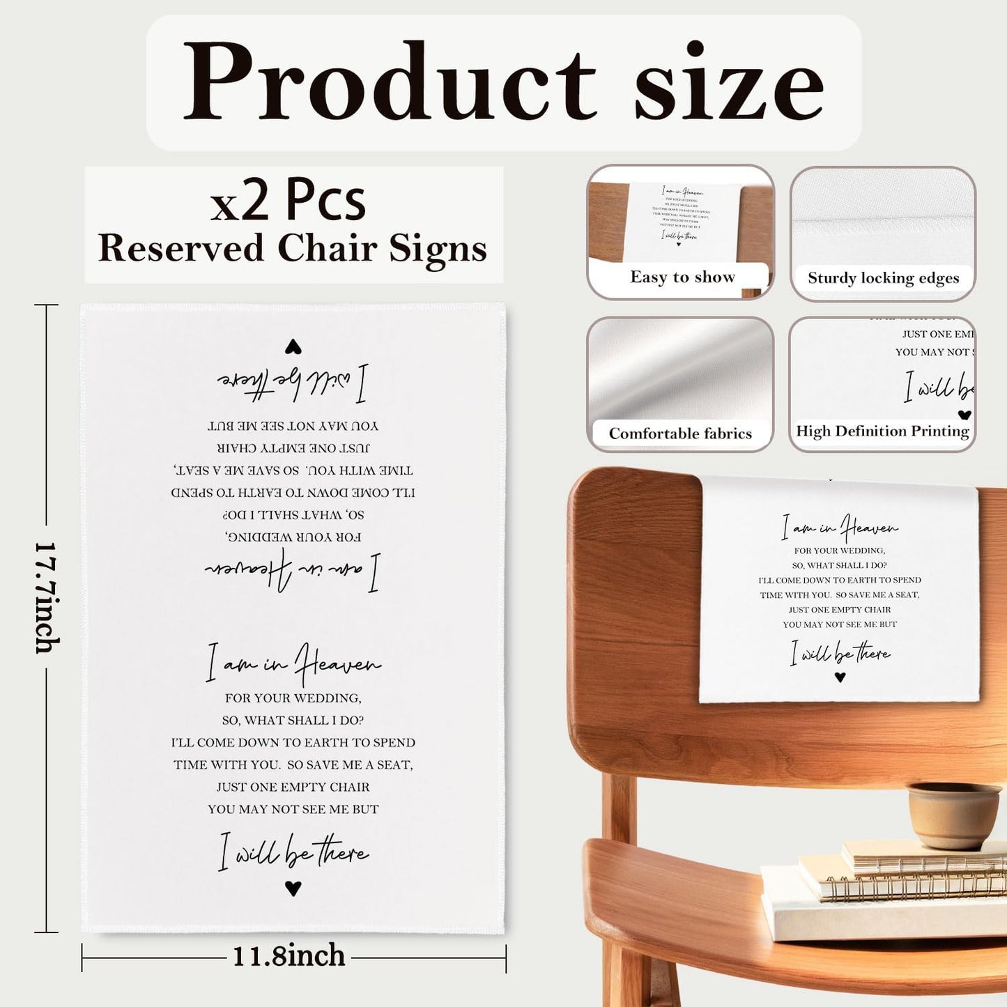 In Loving Memory Wedding Sign, I Am in Heaven for Your Reserved Chair Sign Pew Cloths Seating Placeholder, Wedding Decorations for Reception Celebrations Event (2 Pcs)