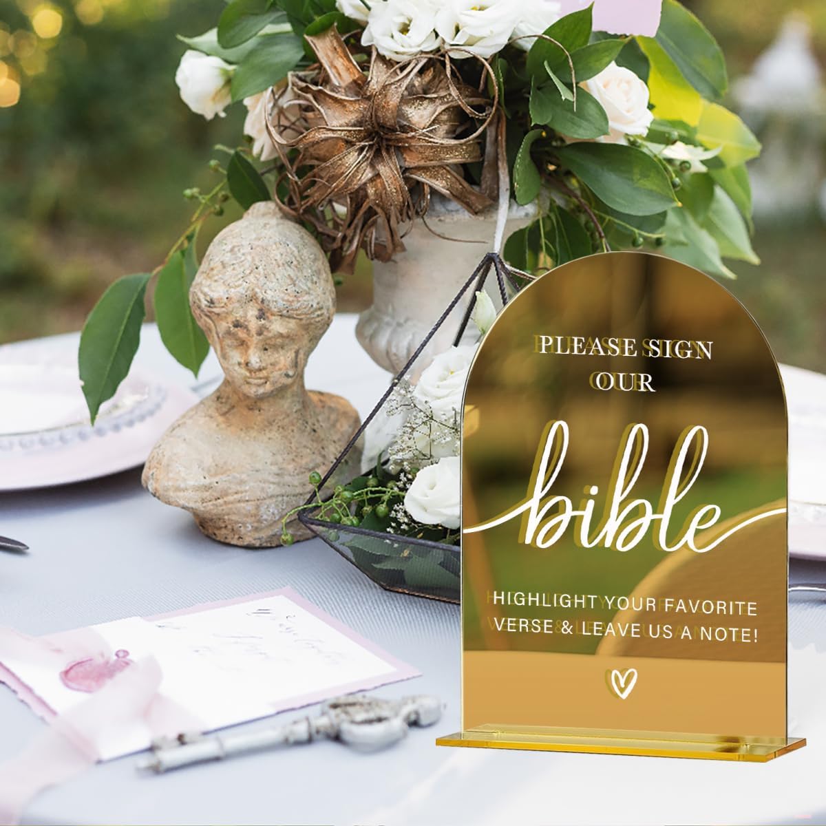 Acrylic Wedding Sign, Bridal Shower Decorations, Please Sign Our Bible Sign for Ceremony, Modern Font Table Signs, Gold Mirror Arched Acrylic Tabletop Signs for Wedding Reception and Event Party