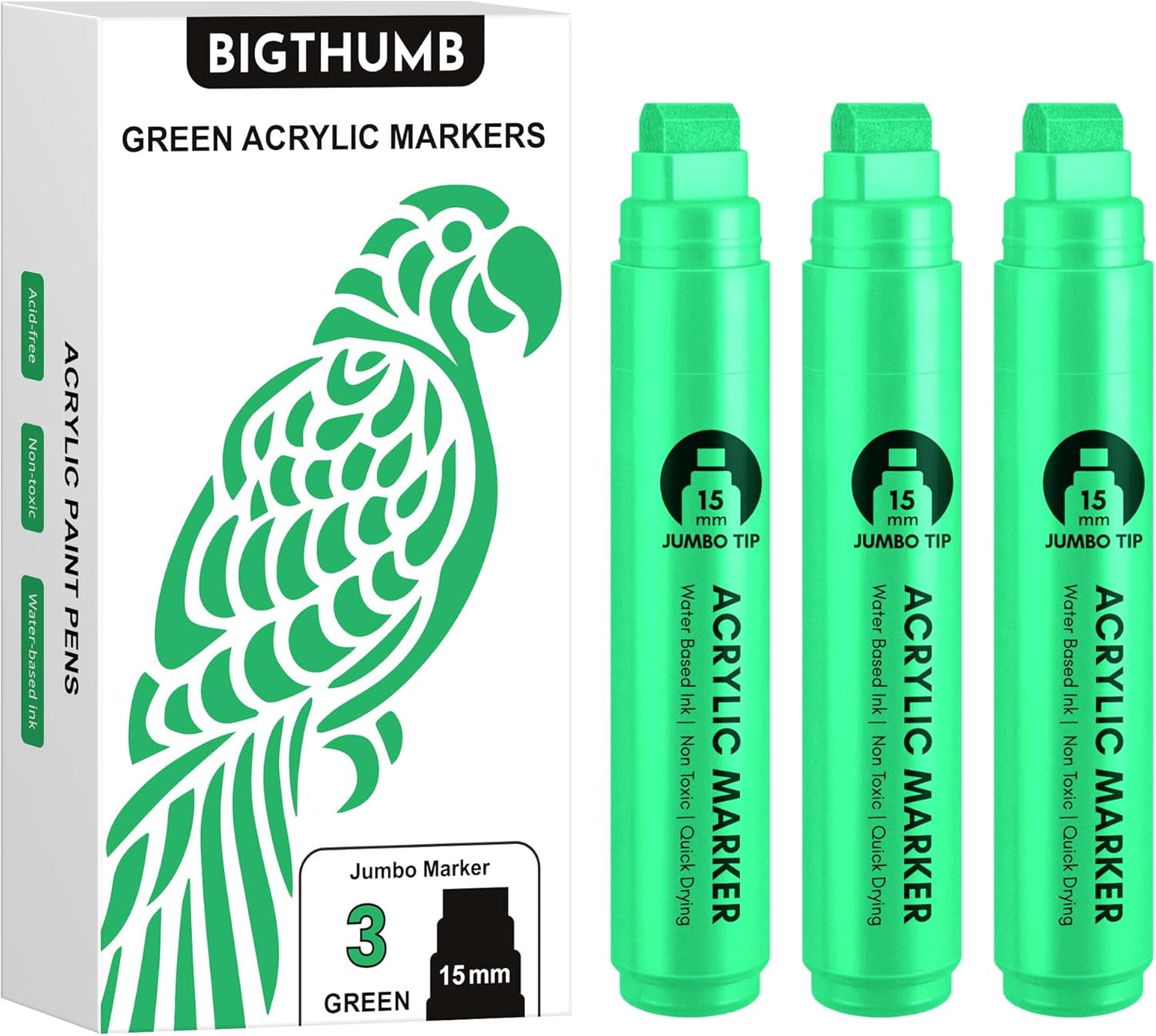 3 Pcs Green Jumbo Permanent Markers: 15mm Wide Tip Thick Acrylic Paint Pen Large Calligraphy Marker for Rock Painting, Poster, Sign, Canvas, Glass, Wood, Ceramic