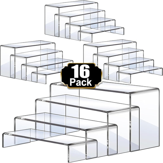 Aheroi Display Risers, 16 Pcs 4 Set(7”L~8”L~9”L) Acrylic Riser Display Shelf, Clear Risers Display Stands, Rectangular Acrylic Risers for Decor Display, Cupcake Candy Shoe Showcase Stands