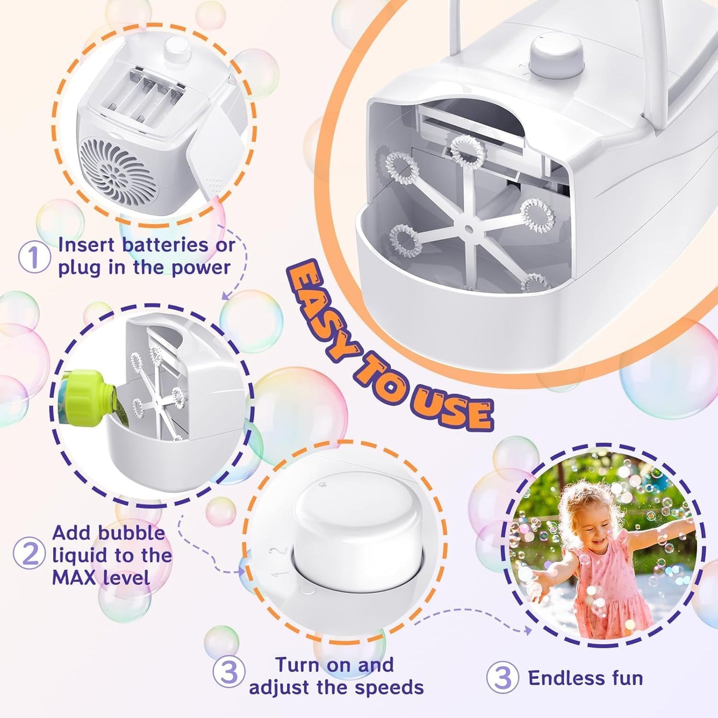 Bubble Machine, Automatic Bubble Blower for Kids, 18000+ Bubbles Per Minute with 2 Speed Settings, Battery/USB Powered Bubble Maker for Toddlers, Outdoor Birthday Parties, Weddings (White)