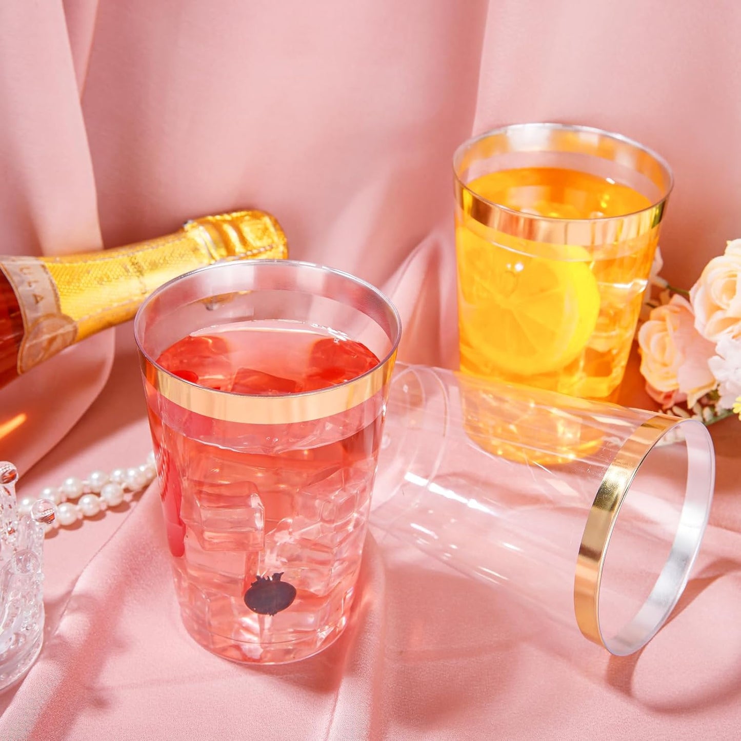 I00000 50 Pack 12 oz Gold Plastic Cups, Gold Rimmed Disposable Cups, Disposable Plastic Wine Glasses Cocktail Glasses Heavy Duty Cup with Golden Rim, 12 Ounce Tumblers for Party & Wedding