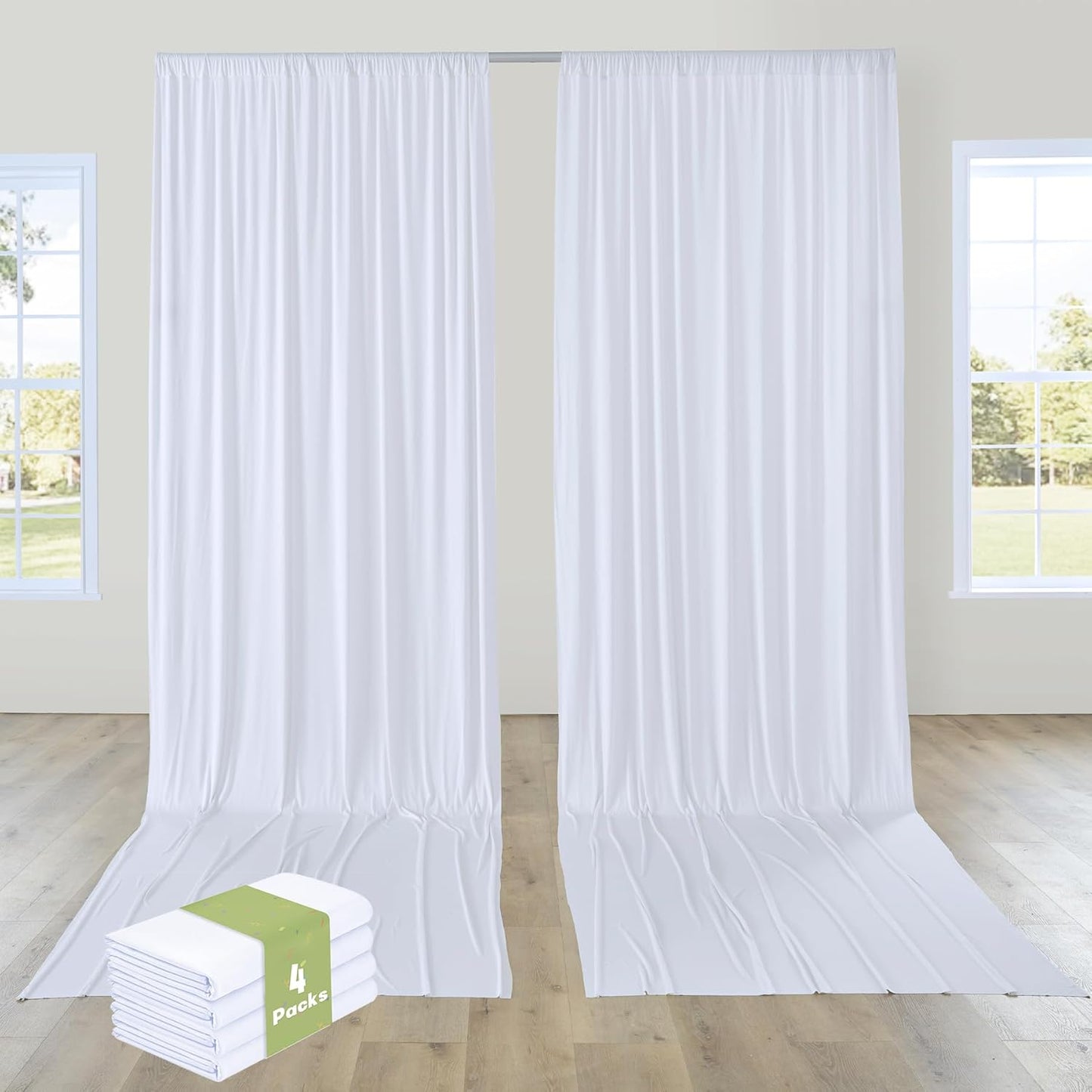 PartyVillage 20ft×15ft White Backdrop Curtain for Wedding Parties, 4 Panels Wrinkle Free 15 FT Long Polyester Photo Backdrop Drapes Back Drop Cloth for Birthday Photography Background