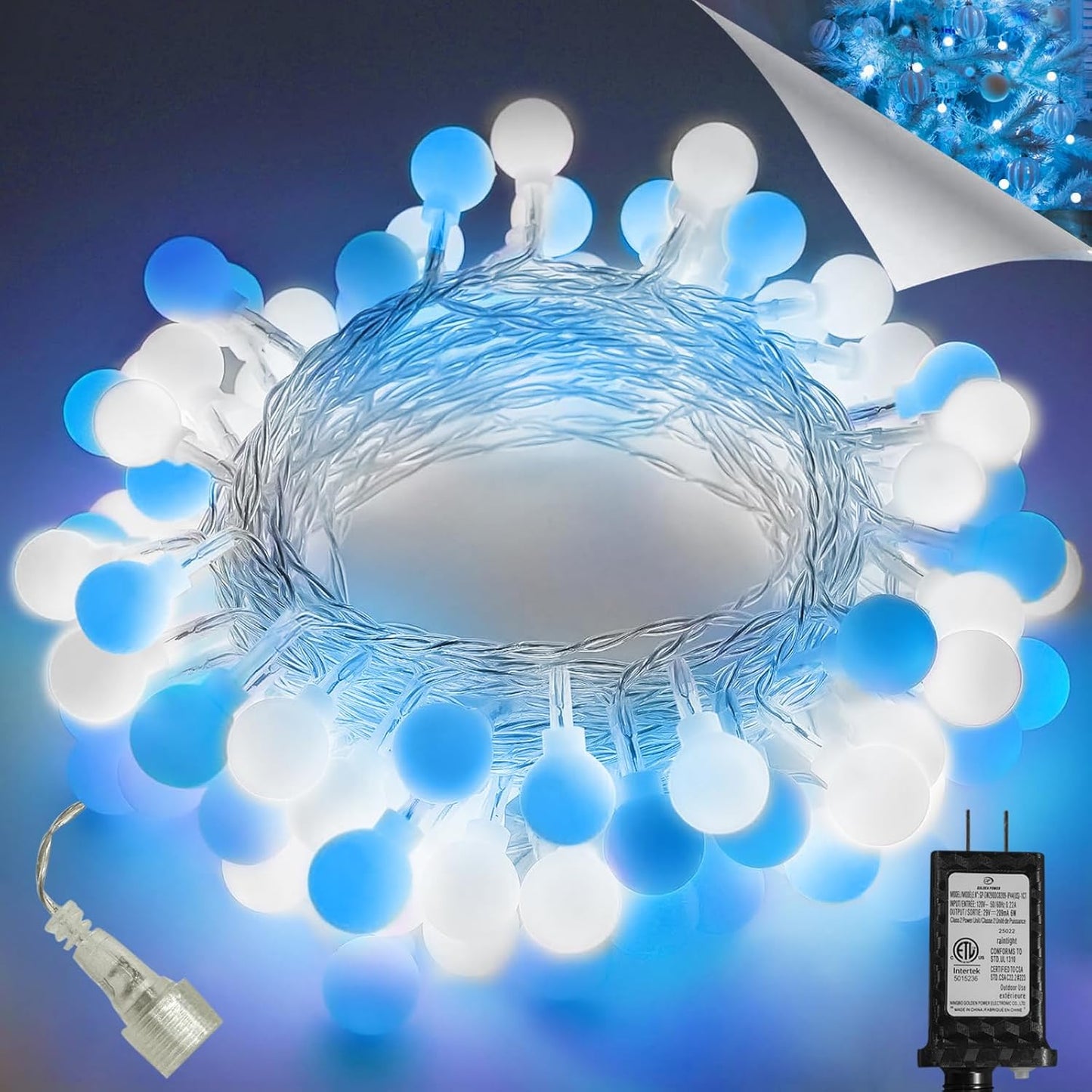 43FT Connectable String Lights Indoor Outdoor | 100LED Blue and White Globe Fairy Lights Plug in 13 Modes with Timer | Christmas Light for Bedroom Classroom Wedding Party Christmas Tree Decorations