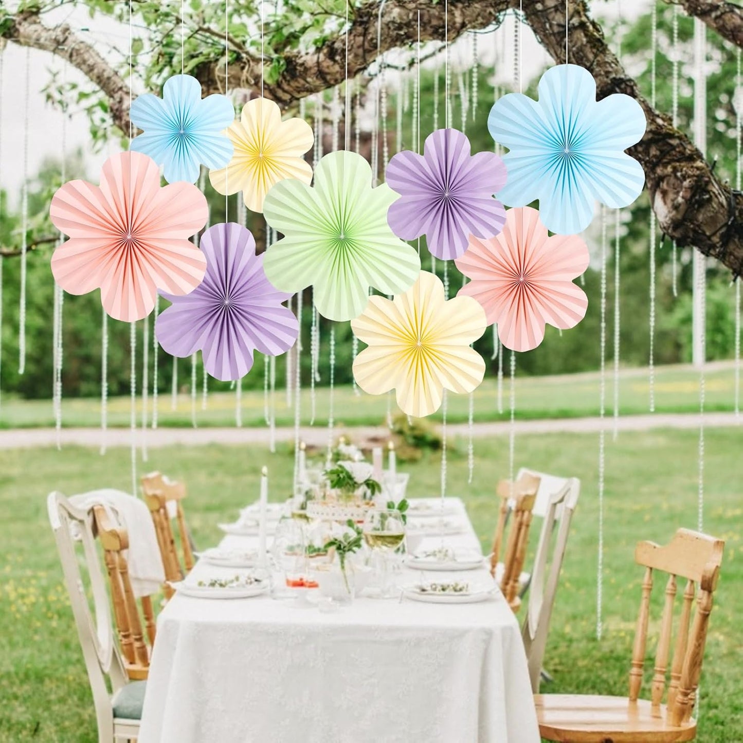 SUNBEAUTY 9 PCS Pastel Paper Flowers Decorations for Wall Paper Fans Classroom Decoration Paper Floral Backdrop Decor Paper Fans Decoration