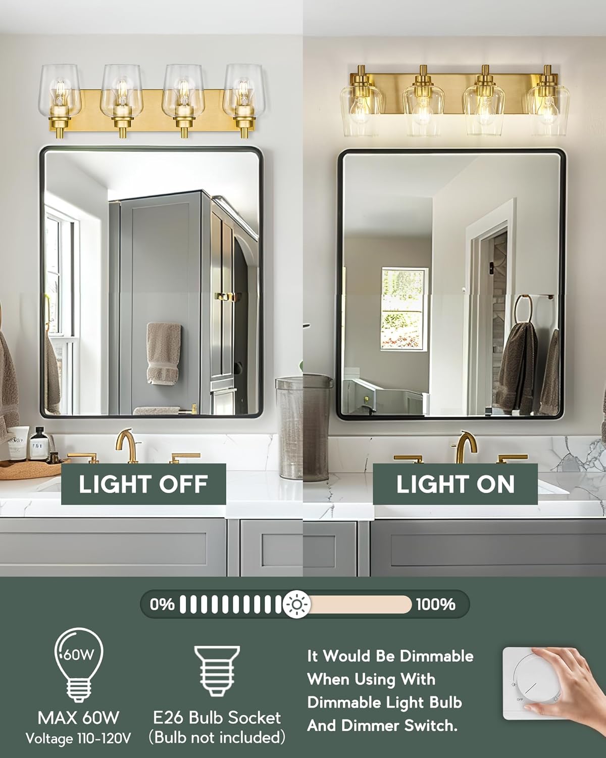 Bathroom Light Fixtures, 4-Light Modern Vanity Light with Clear Glass Wine Glass-Shaped Shade, Vanity Lighting Fixtures Over Mirror, Brushed Gold, VL155-BG-4