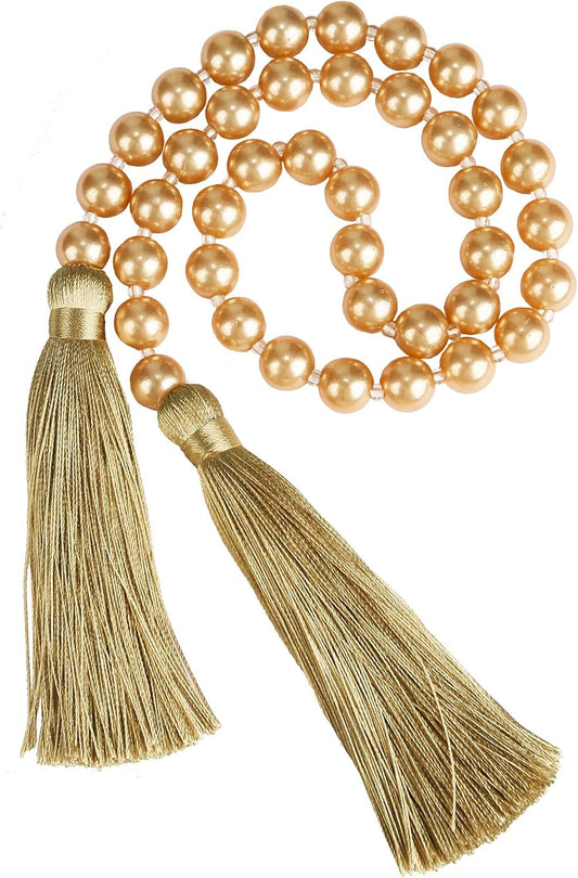 Fenghuangwu 34 Inch Pearl Glass Bead Garland with Tassels - Elegant Boho Table Decor, Fringe Wall Hanging for Wedding, Party, Farmhouse Rustic Prayer Bead Home Decoration(1 Pack,Gold)