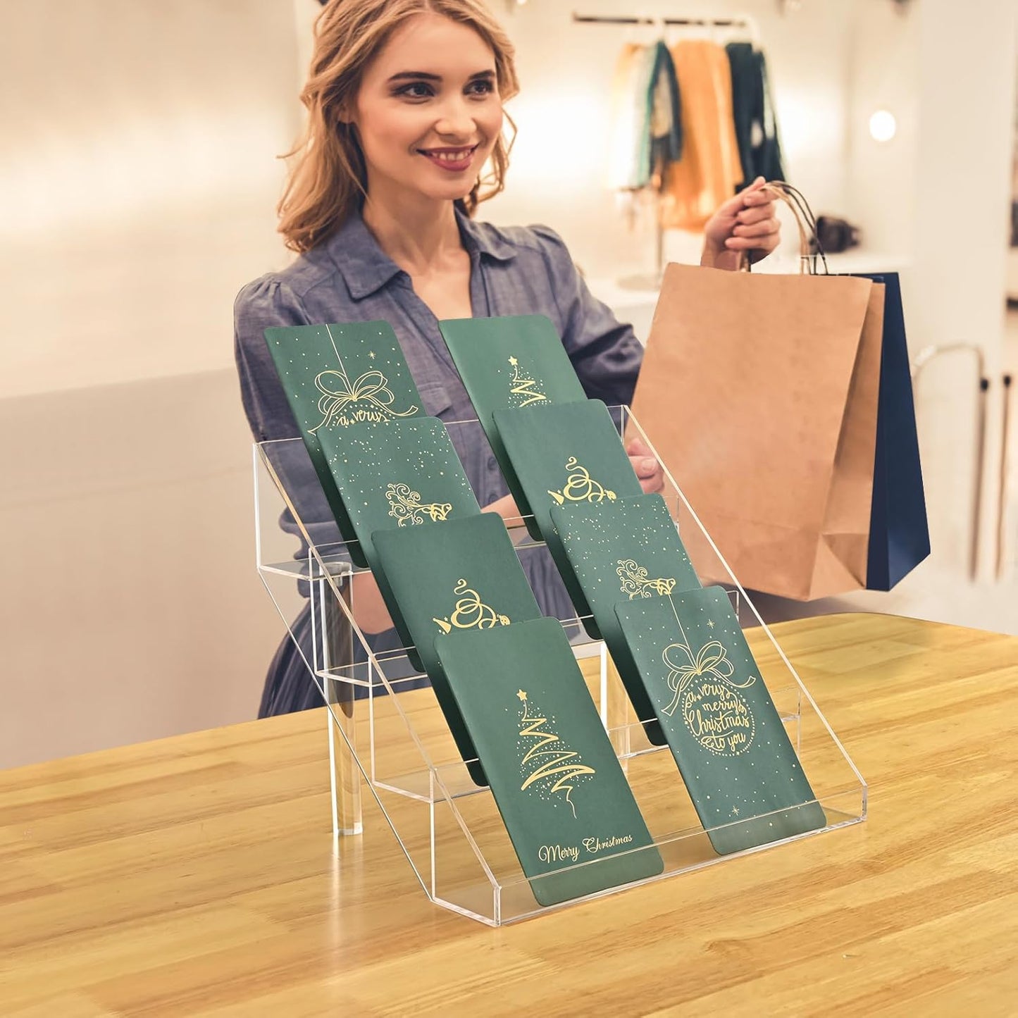 PecMuikee Greeting Card Display, 4 Tiers Clear Acrylic Sticker Display Stand for Vendors Retail, Display Photo Stand for Counter Tabletop Display Supplies, 1 Set
