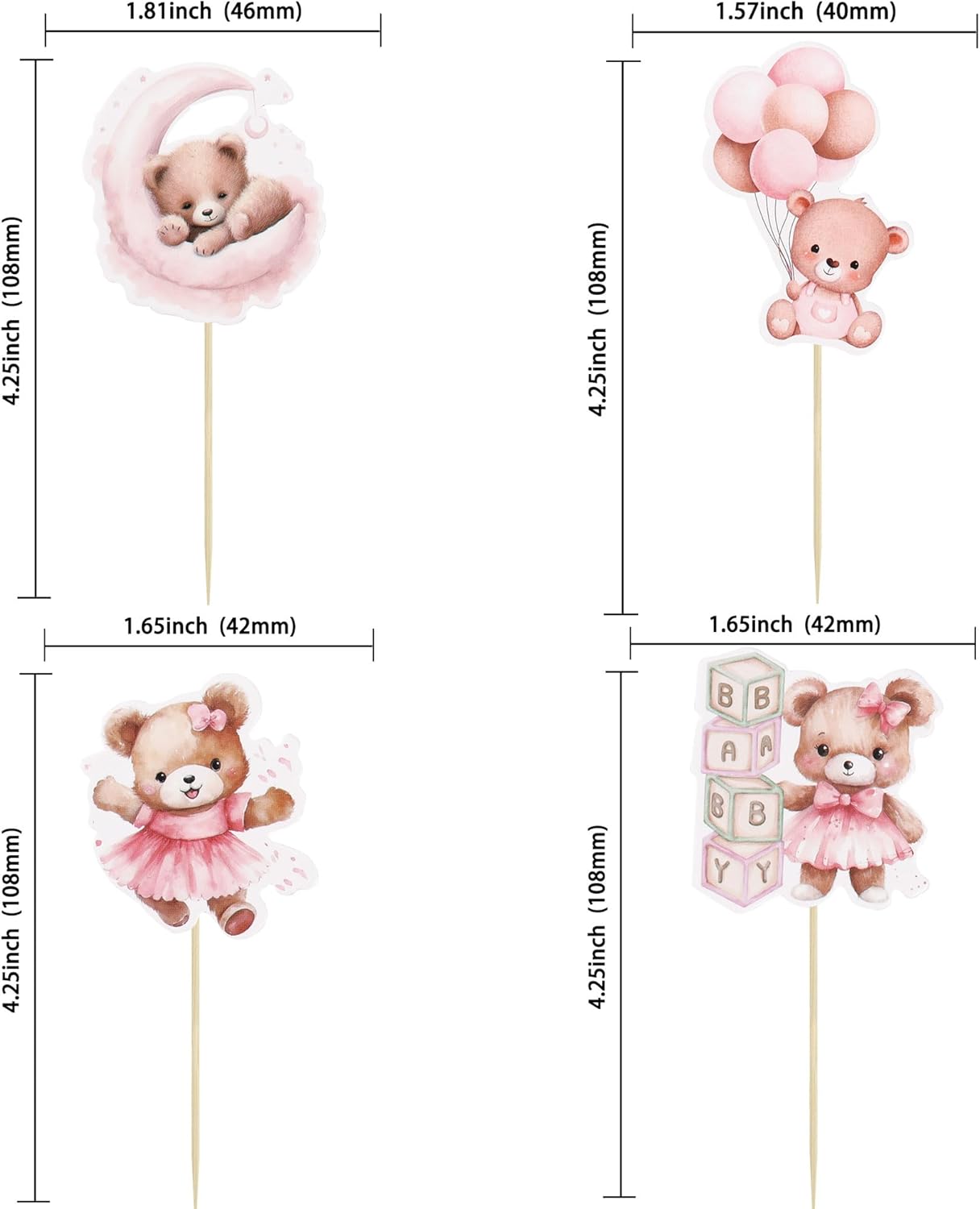 Gyufise 32Pcs Baby Shower Bear Cupcake Toppers Moon Baby Bear Baby Shower Cake Topper Decorations Jungle Animal Theme Birthday Party Cake Supplies Blue Pink