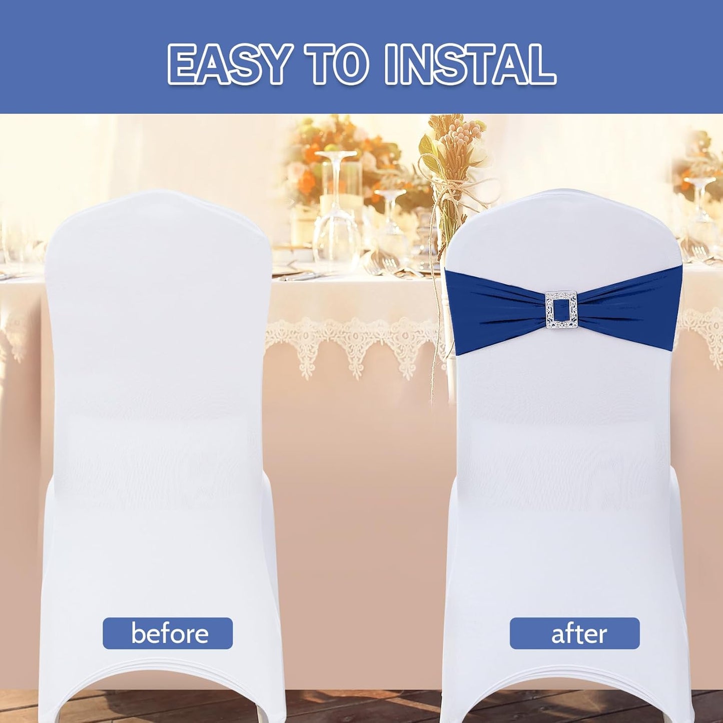 Joccun 30 PCS Spandex Chair Sashes Bows Stretch Chair Cover Band with Buckle Slider Universal Elastic Chair Ties for Wedding Banquet Party Event Decoration (Navy)