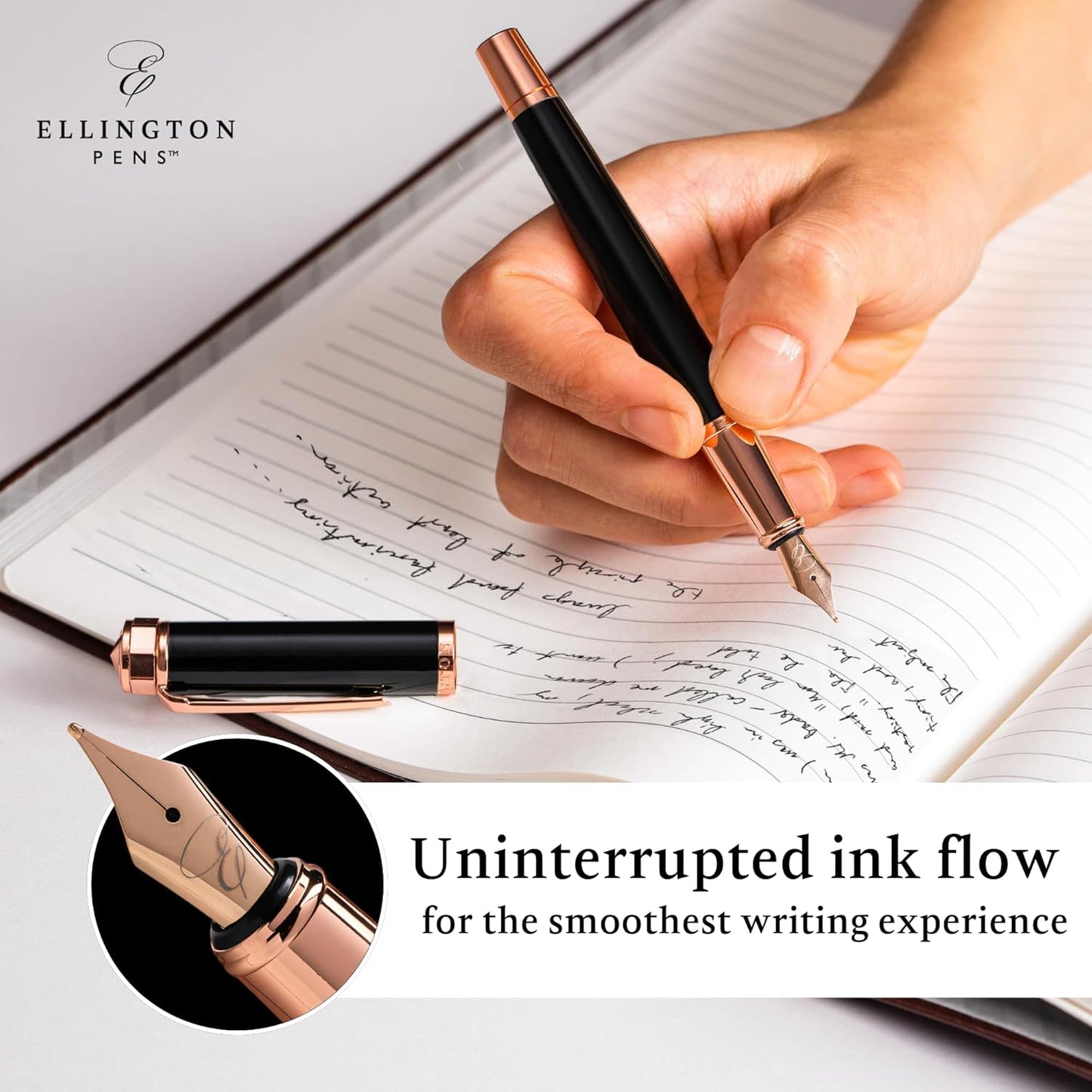 Ellington Pens Luxury Fountain Pen Set- Fountain Pens for Writing - Smooth Medium Nib - Includes Refillable Ink Converter, 3 Ink Cartridges [Black & Blue], Gift Box - Elegant Calligraphy
