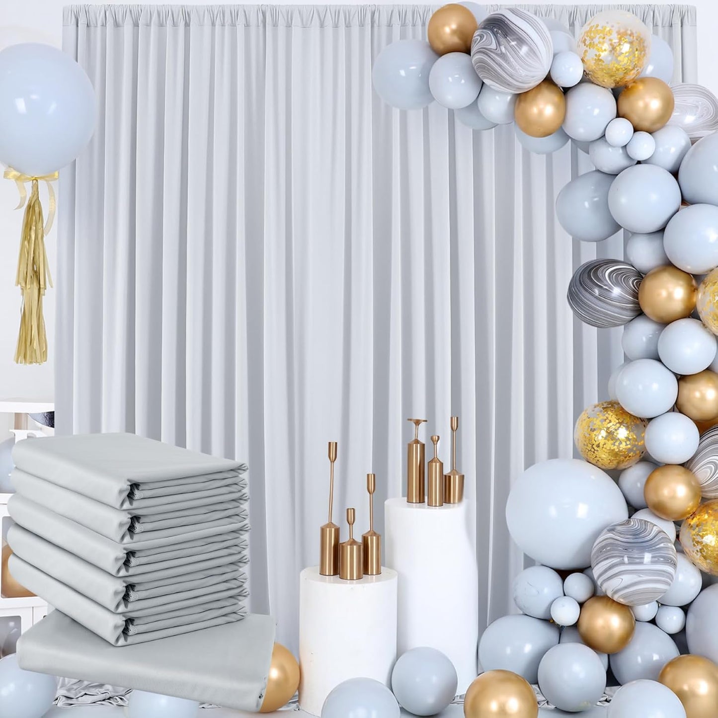 30 ft x 10 ft Wrinkle Free Silver Backdrop Curtain for Parties, Polyester Silver Grey Backdrop Drapes 6 Panels 5x10ft for Baby Shower Photoshoot Engagement Wedding Birthday Photography Background