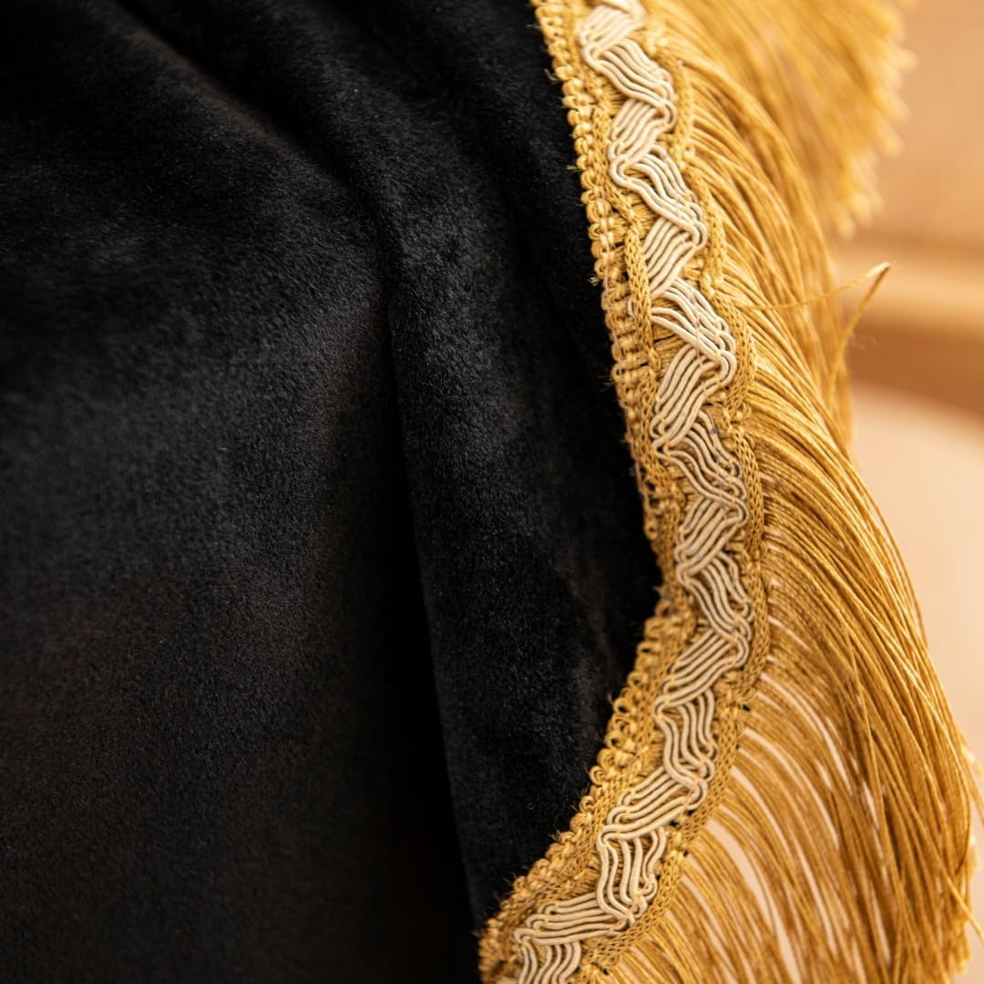 F-CHU Black Tablecloth Thickset Velvet Tablecloth with Beautiful Gold Tassels Vintage Table Cloth for Home Decor Wedding, Party, Banquet and Events 70" Round