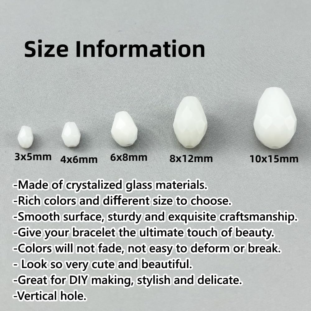 130pcs 6x8mm Teardrop Crystal Glass Beads for Jewelry Making, Faceted Vertical Hole Teardrop Glass Spacer Beads for Wind Chimes Bracelet Earring Necklace DIY Craft(White)