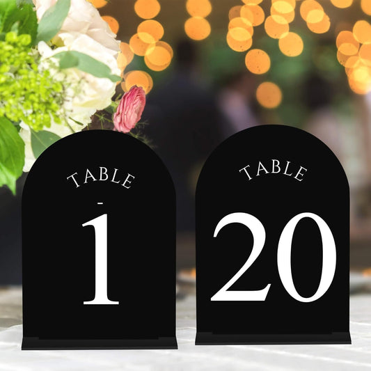 JOYIT Arch Wedding Table Numbers 1-20 with Stands – Double-Sided Printed 5" X 7" Acrylic Table Signs with Black Background White Text, Perfect Acrylic Table Numbers for Wedding Receptions, Parties, Anniversaries, and Events
